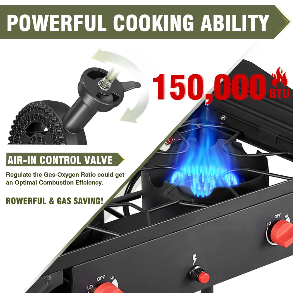 Bestfire 2 Burner Camping Stove With Windpanel& Side Shelves, Bag, Auto Ignition Button,Regulator,150,000 Btu Camping Stove Prop