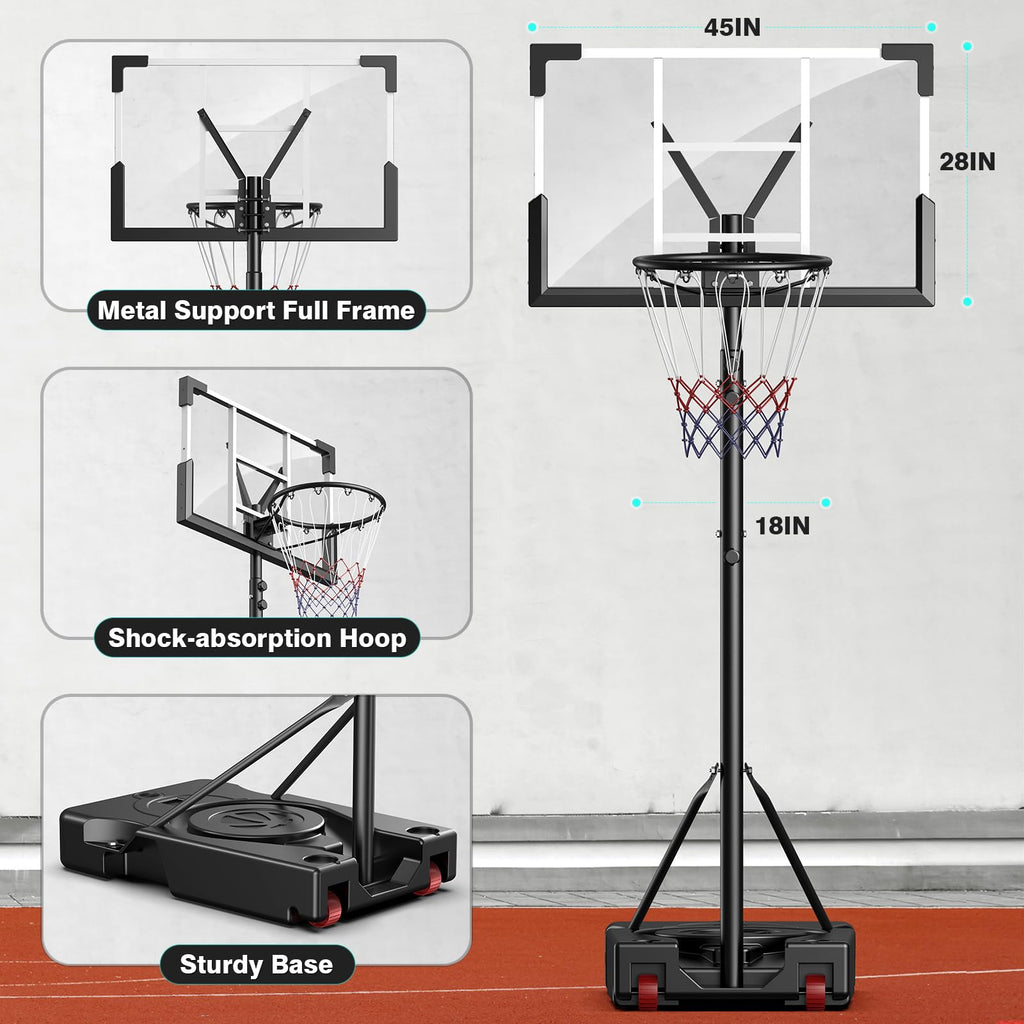 aaeaa Basketball Hoop Outdoor, 5.7-10ft Adjustable Height, Portable Basketball Hoops Goal Court System w/ 45in Shatterproof Back
