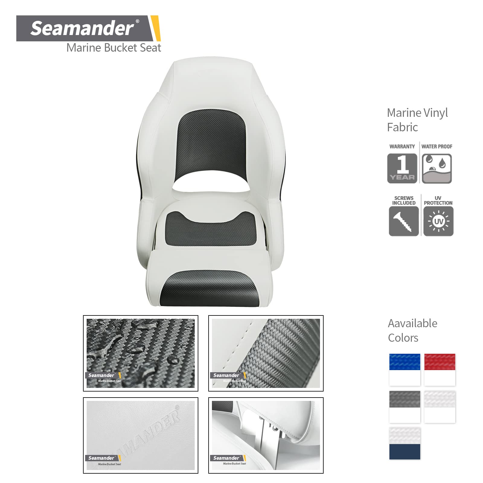 Seamander Premier Series Captain Bucket Seat With Flip Up Bolster, Boat Seat Suitable For Fishing And Pontoon Boats