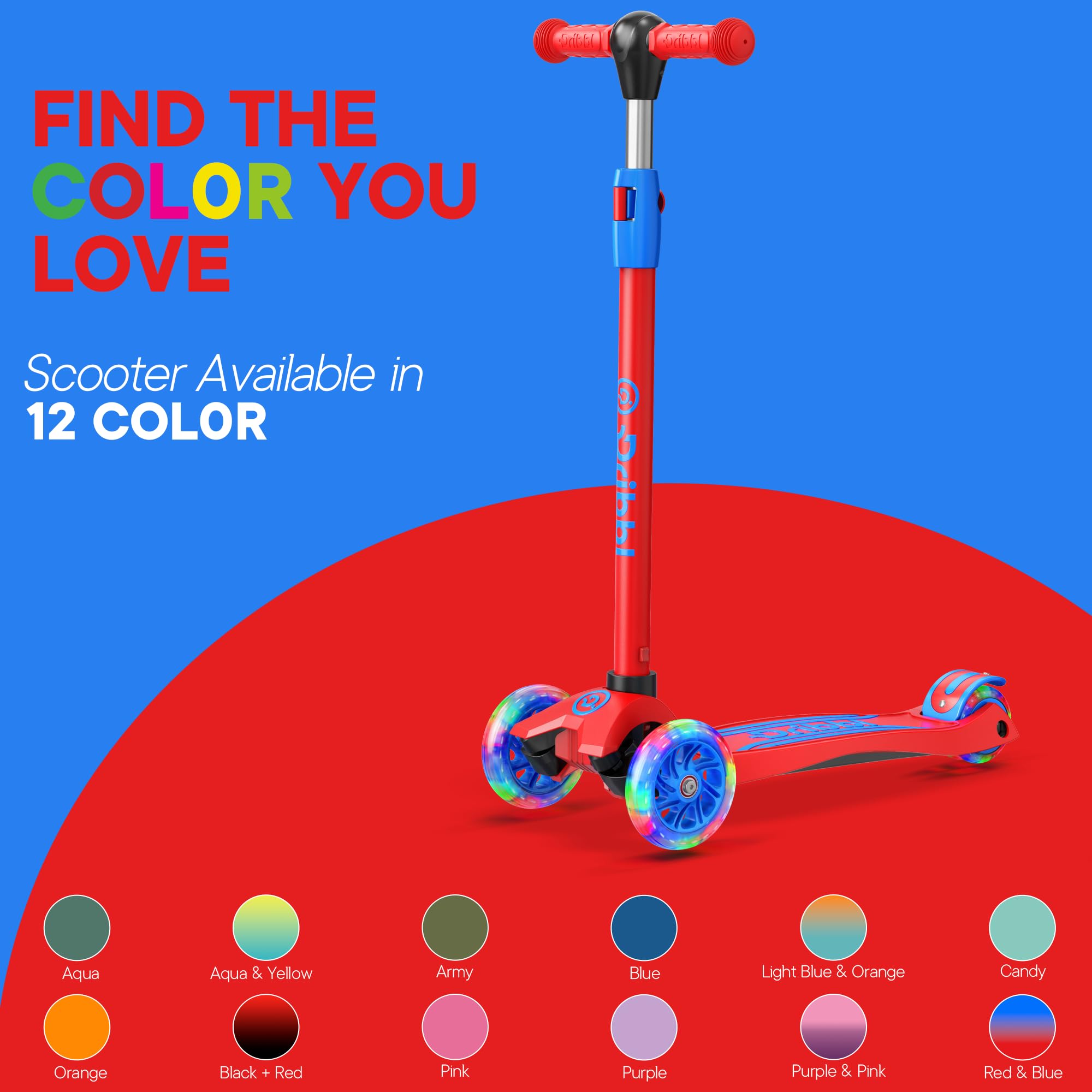 Dribbl 3-Wheel Kids Scooter - Lean-to-Steer Technology, Adjustable Height Handlebar, Anti-Slip Deck, Scooter for Boys & Girls Ag