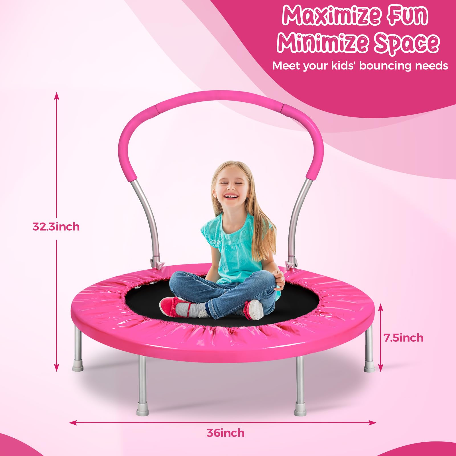 Lyromix 36 Inch Mini Trampoline for Kids, Indoor Toddler Rebounder Trampoline with Handle, Pink