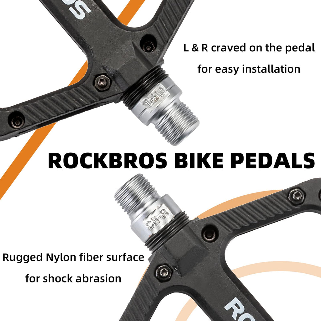 Rock Bros Mountain Bike Pedals Nylon Composite Bearing 9/16'' Mtb Bicycle Pedals With Wide Flat Platform Black