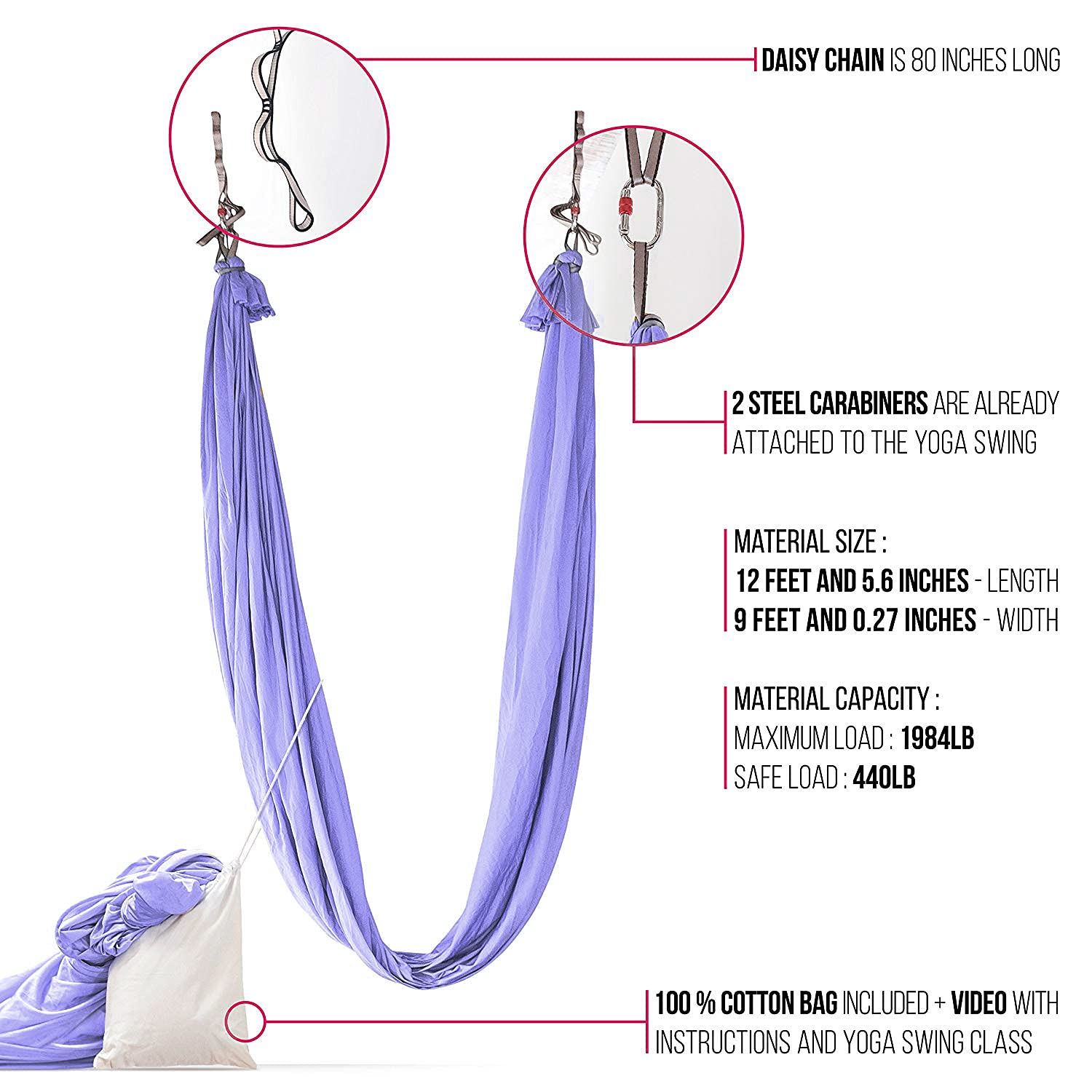 Pinc Active Silk Aerial Yoga Swing & Hammock Kit For Improved Yoga Inversions, Flexibility & Core Strength - Lilac