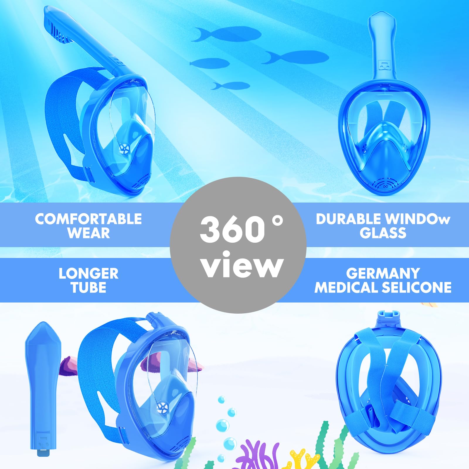 Ezire Kids Snorkel Mask Full Face, Snorkeling Gear For Kids 2-14 With Camera Mount, 180 Degree Panoramic View Snorkeling Set Ant