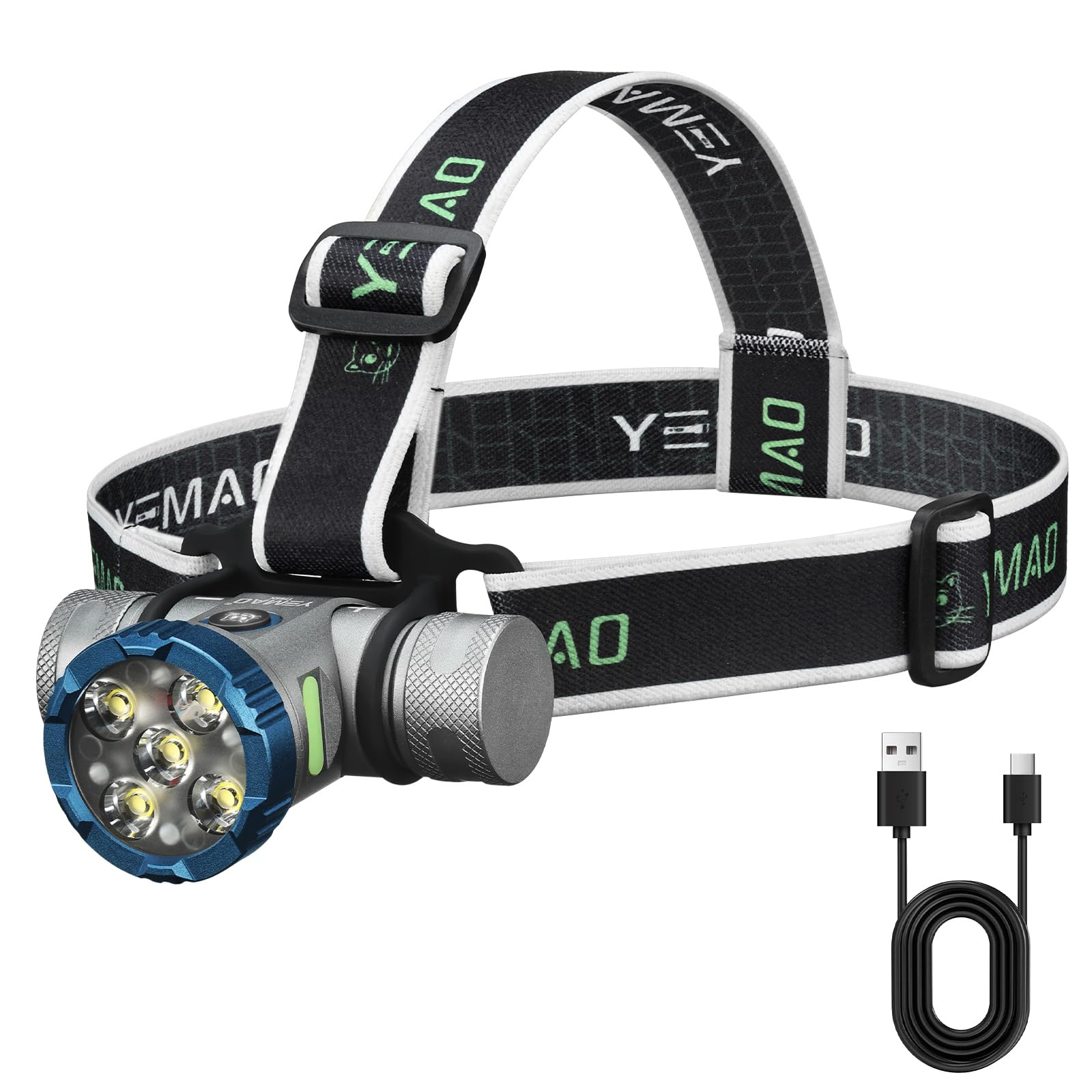 Yemao LED Headlamp, 2500 Lumens, 6 Lighting Modes, USB Rechargeable, Waterproof, Silver