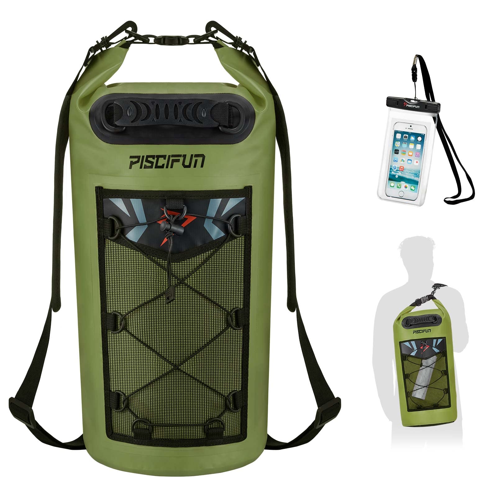Piscifun Dry Bag, Waterproof Floating Backpack 40L with Waterproof Phone Case for Boating, Kayaking, Fishing, Army Green 40L