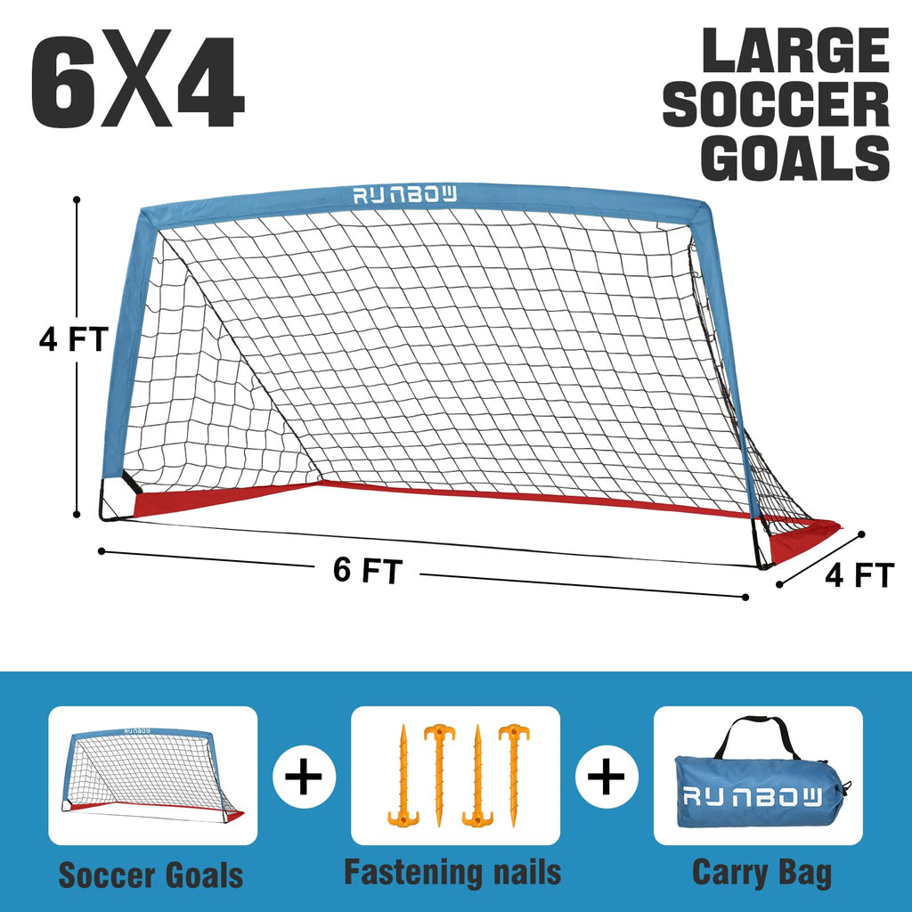 Runbow 6X4 Ft Portable Kids Soccer Goal For Backyard Practice Soccer Net With Carry Bag Set Of 2 (6X4 Ft, Blue-Red, 2 Pack)