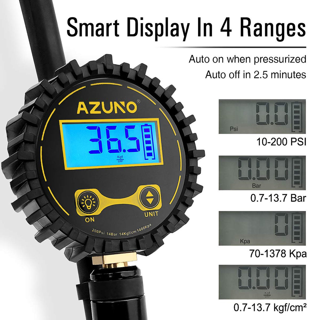 Azuno Digital Bicycle Tire Inflator Gauge With Auto-Select Valve Type - Presta And Schrader Air Compressor Tool