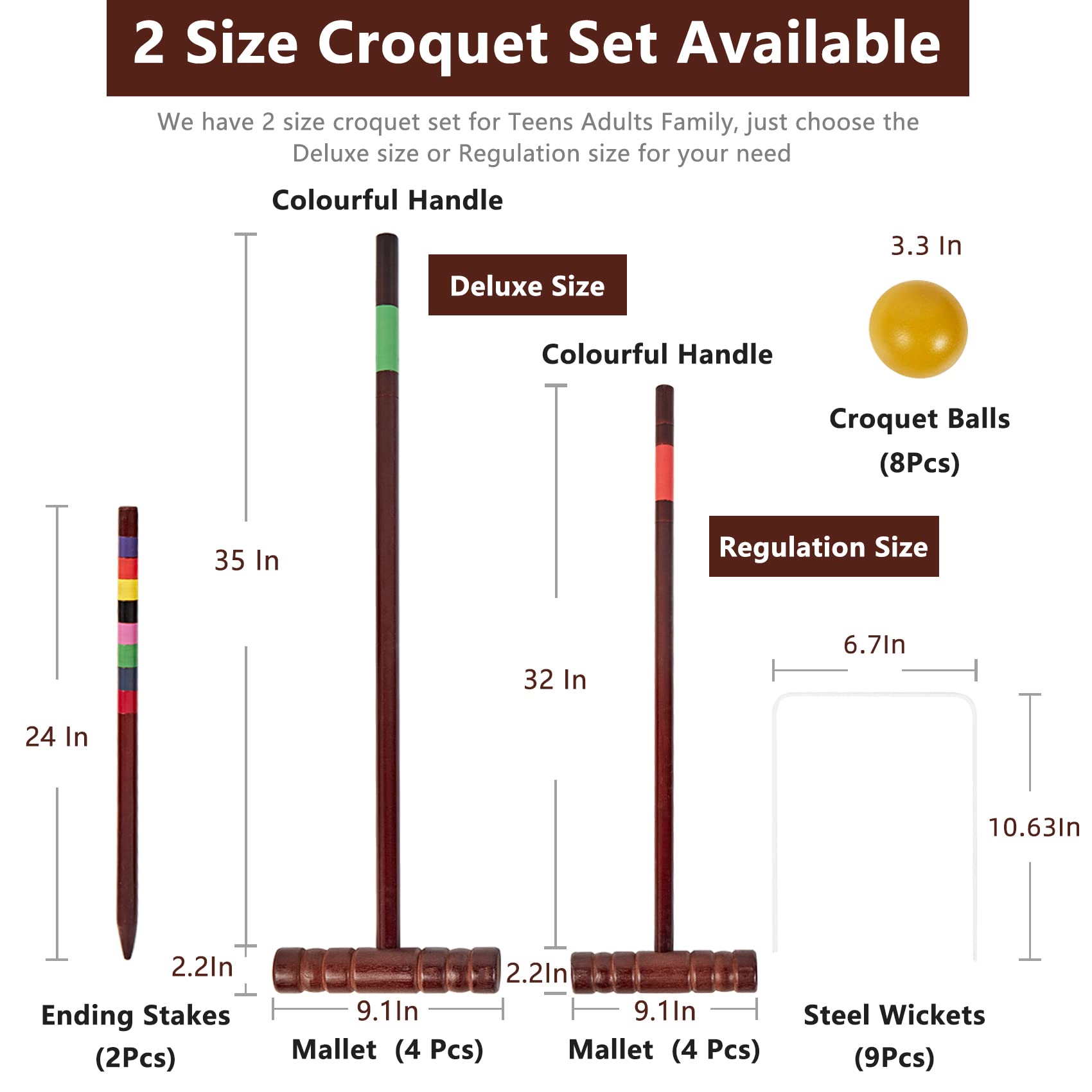 Speedarmis Croquet Set For Adults - 8 Players Croquette Set With 35In Deluxe, 32In Regulation Size Rubber Wood Mallets, Colored