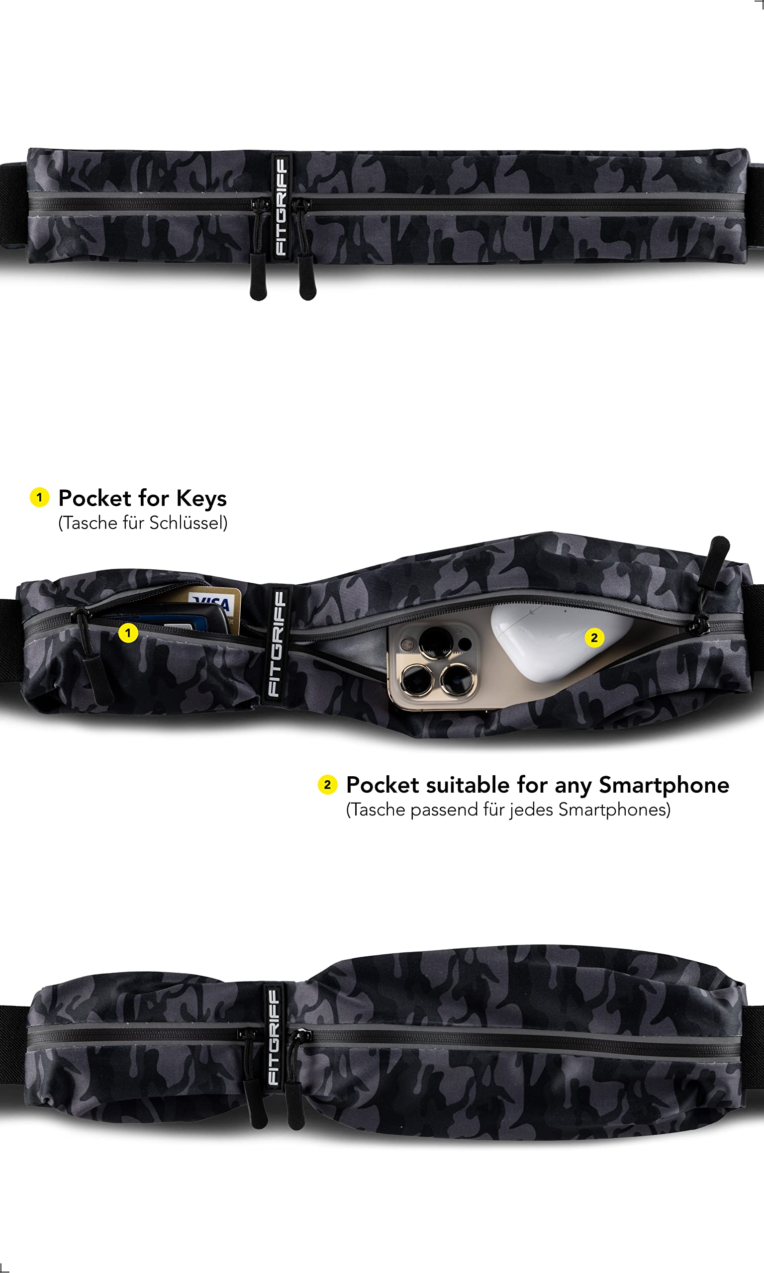 Fitgriff Running Belt For Men & Women - Secure Jogging Pouch For Phone, Keys & Essentials - For All Cell Phones (Camo-Black, 33.