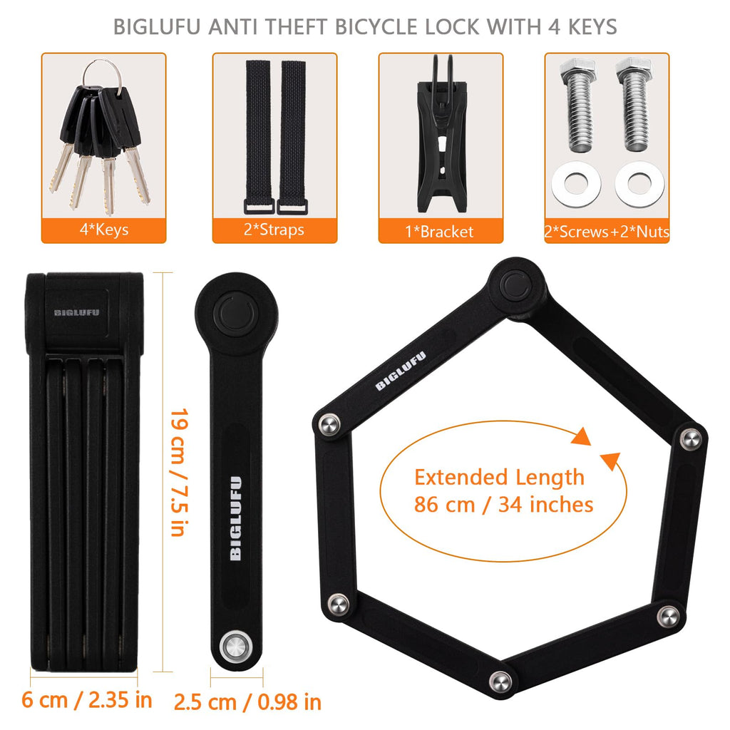 Biglufu Bike Lock Bicycle Scooter Motorcycle Folding Locks With 4Keys, Fold Chain Heavy Duty Alloy Steel Foldable Lock With Moun