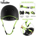 Turboske Skateboard Helmet, Bmx Helmet, Multi-Sport Helmet, Bike Helmet For Kids, Youth, Men, Women (Black&Green, S/M (20.5''-22