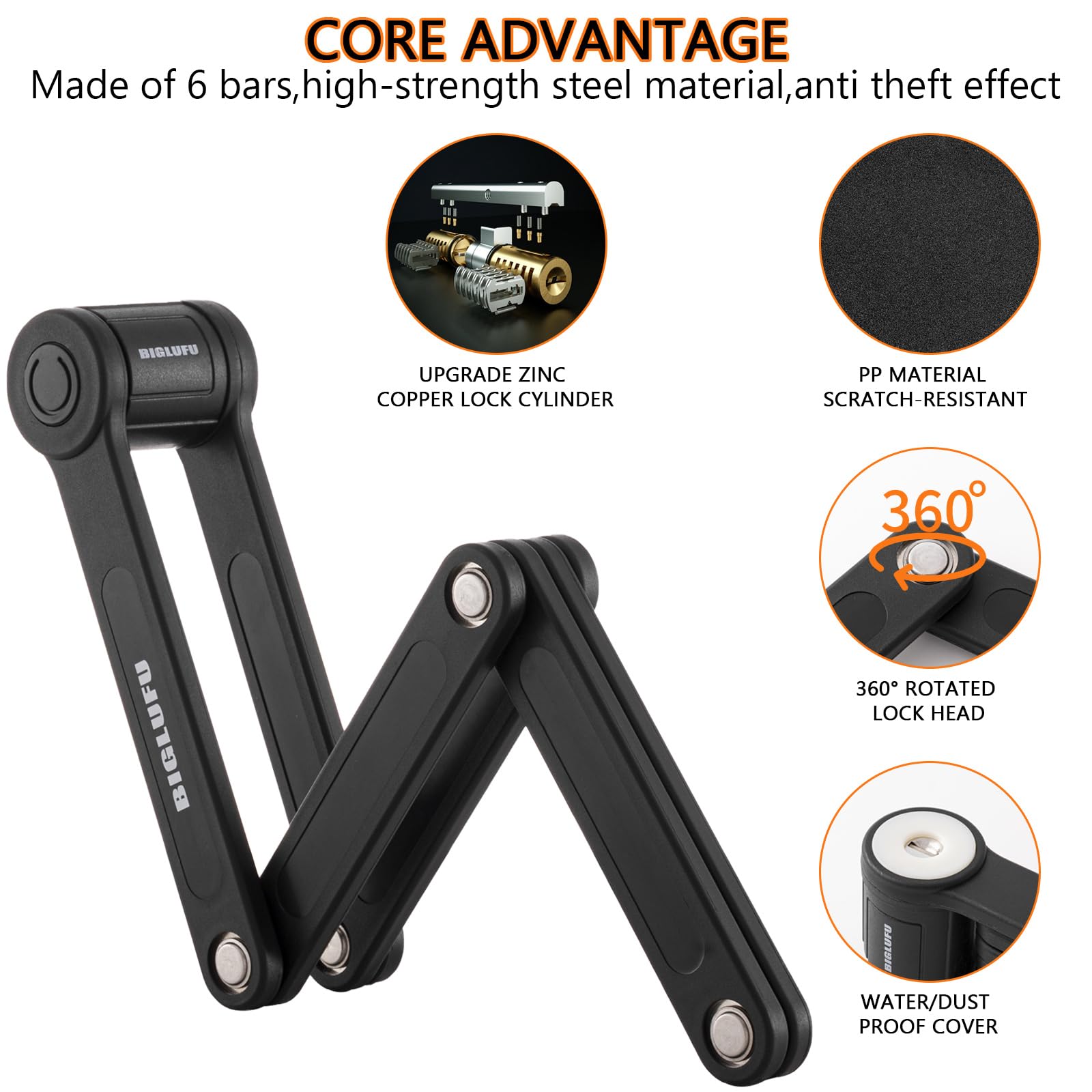 Biglufu Bike Lock Bicycle Scooter Motorcycle Folding Locks With 4Keys, Fold Chain Heavy Duty Alloy Steel Foldable Lock With Moun