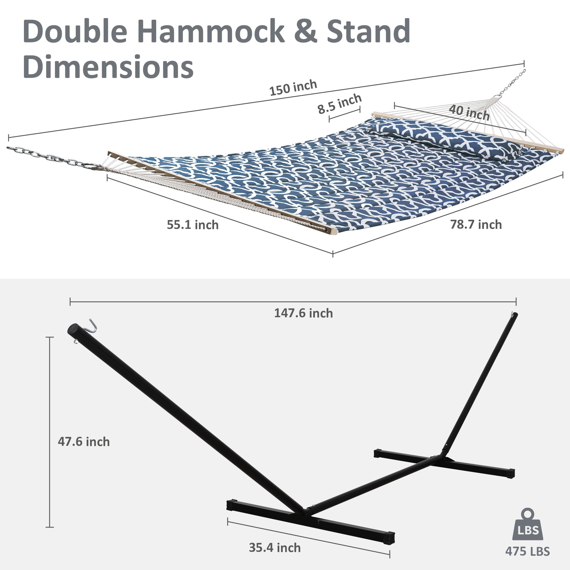 Suncreat Hammock With Stand 2 Person Heavy Duty, Freestanding Hammock With Spreader Bar, Soft Pillow, Green Stripes