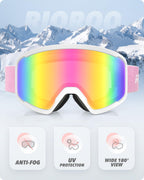 RIOROO Men Women Ski/Snowboard Goggles, Anti Fog 100% UV Protection, OTG Design, Dual-Venting System, Red, White