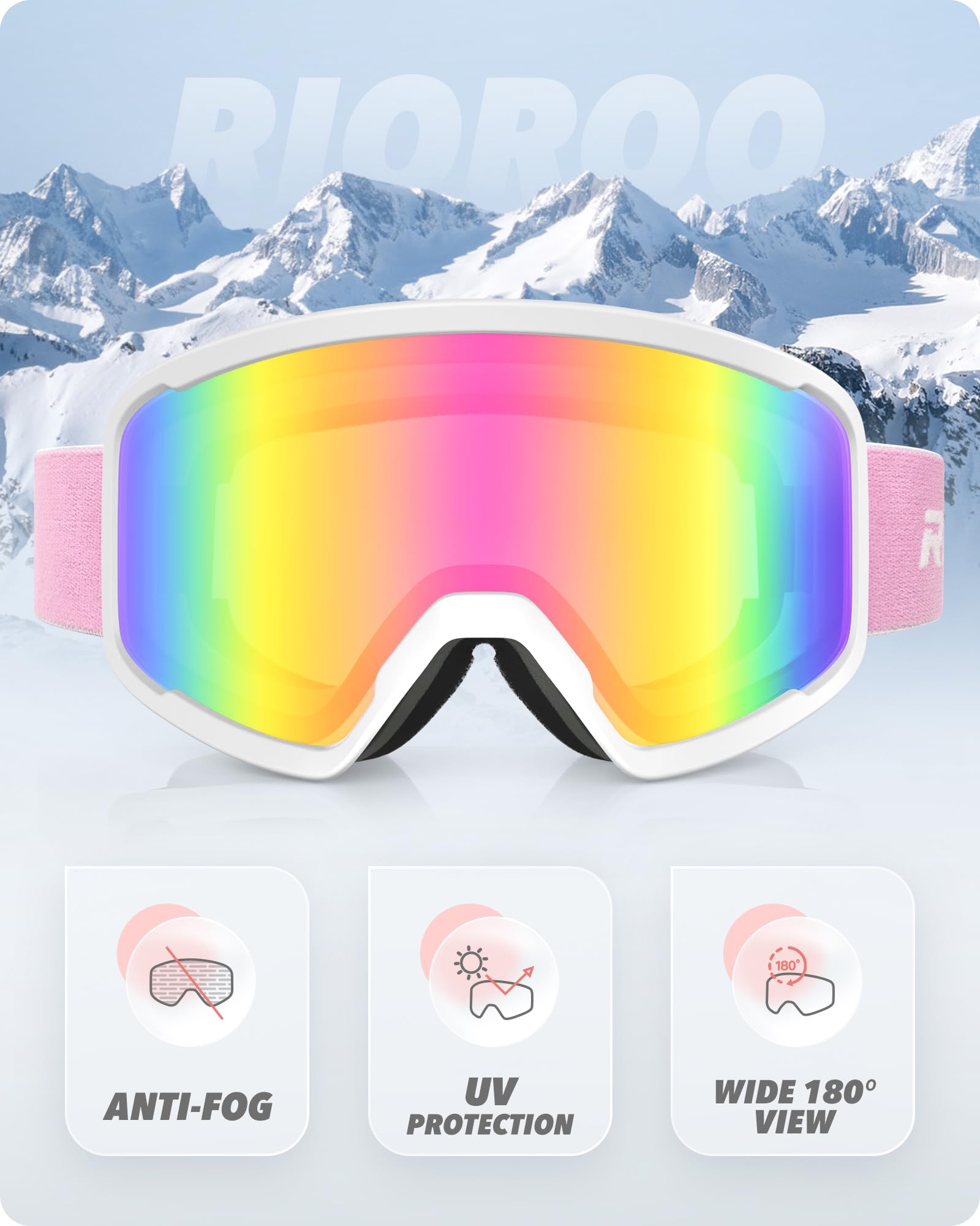 RIOROO Men Women Ski/Snowboard Goggles, Anti Fog 100% UV Protection, OTG Design, Dual-Venting System, Red, White