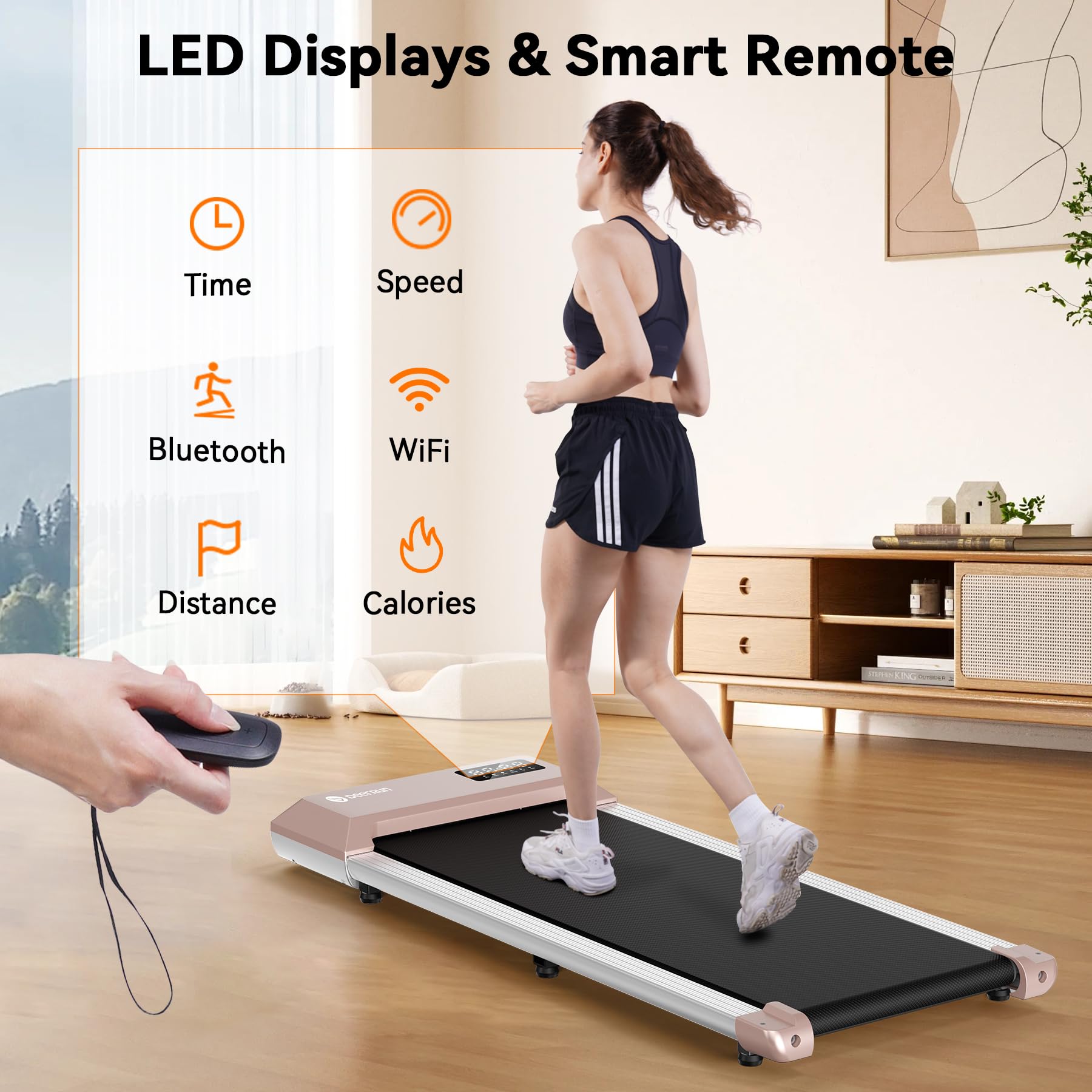 Deer Run Walking Pad, 2 In 1 Portable Silent Under Desk Treadmills For Home Use, 5-Layers Shock-Absorbing Running Belts, Remote