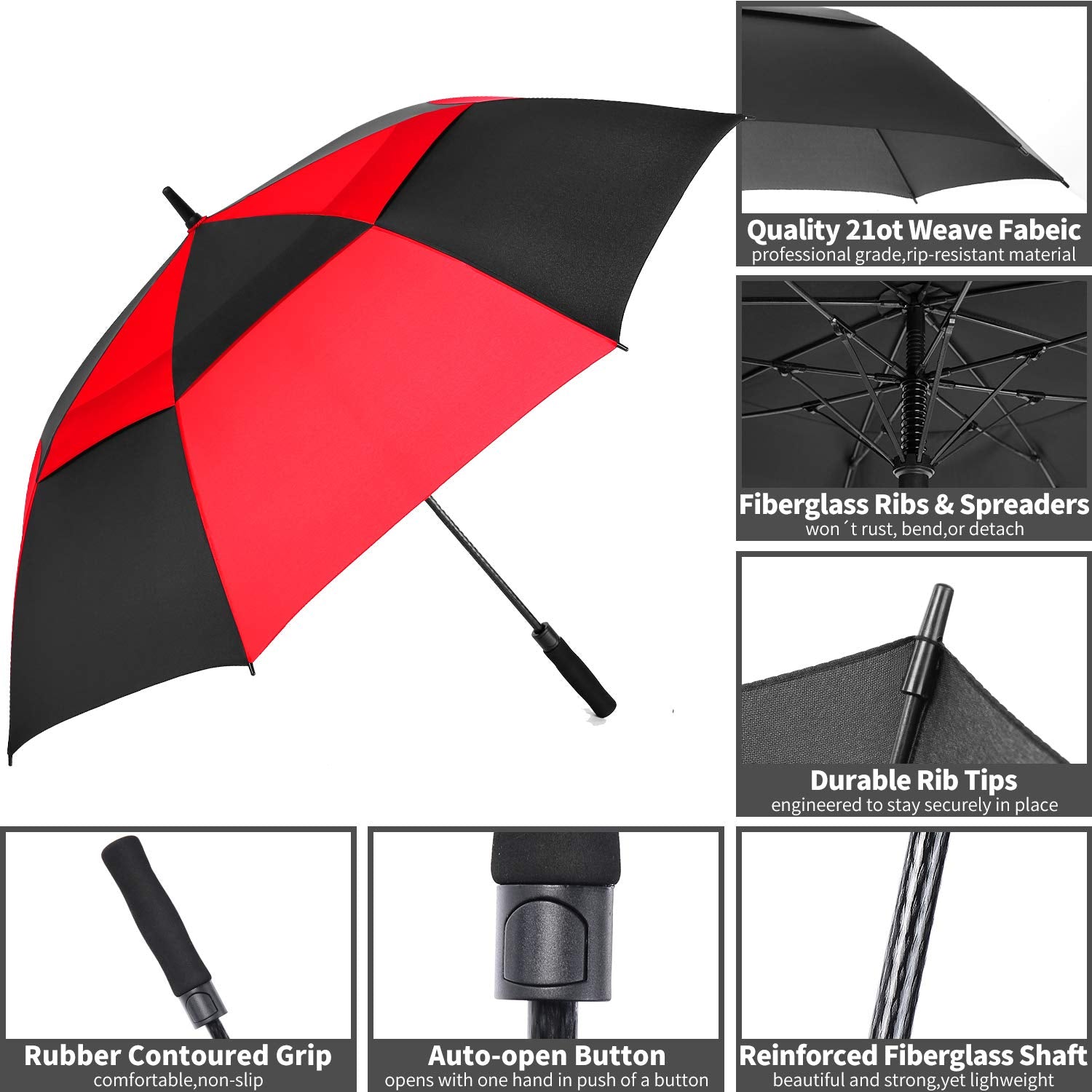 Mrtlloa 72 Inch Automatic Open Red/Black Golf Umbrella, Extra Large Oversize Double Canopy Vented Windproof Waterproof Stick Umb