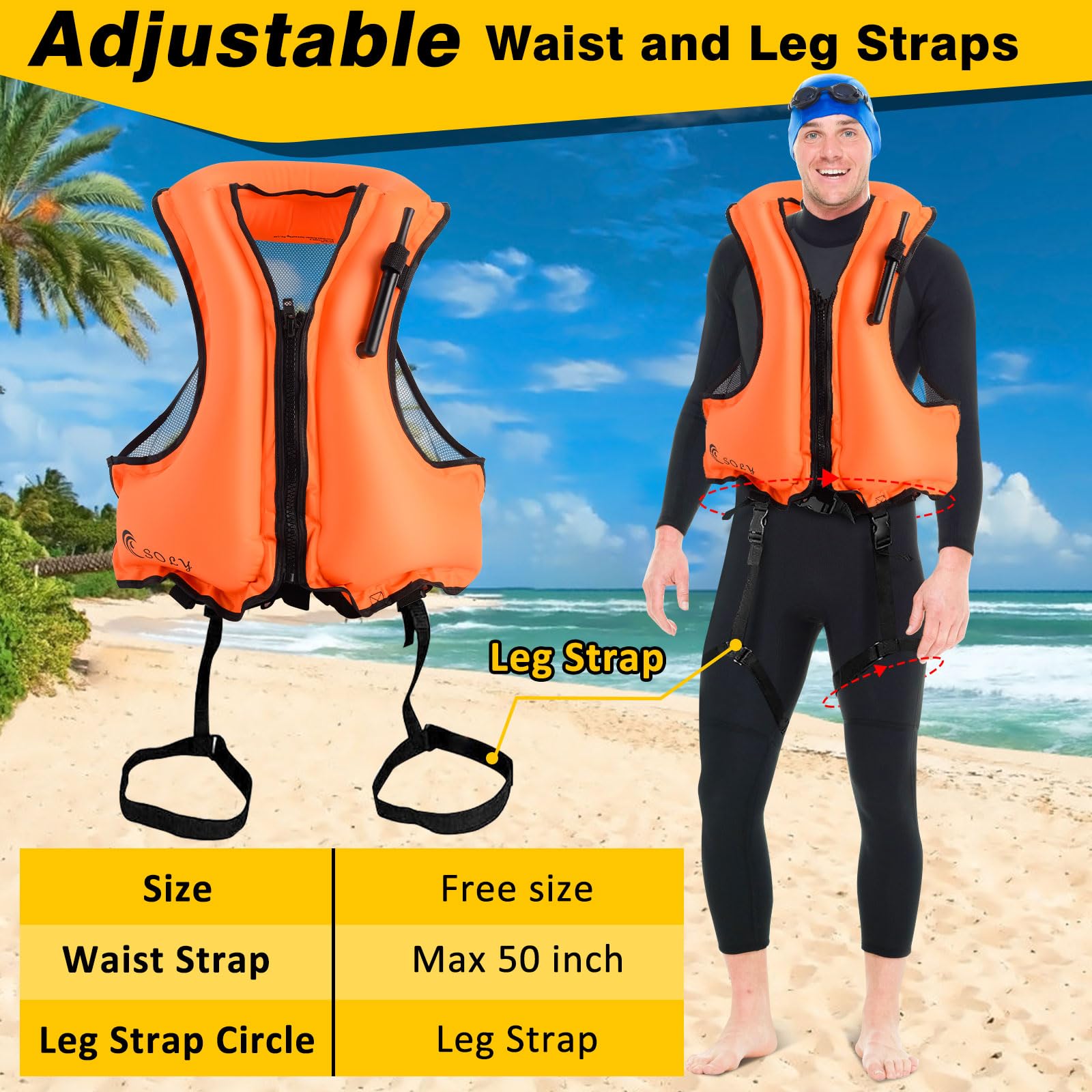 Soly Swim Vests For Adults,Buoyancy Aid Swim Jackets,Portable Inflatable Snorkel Vest, Snorkeling Vest For Kayaking Canoeing,For