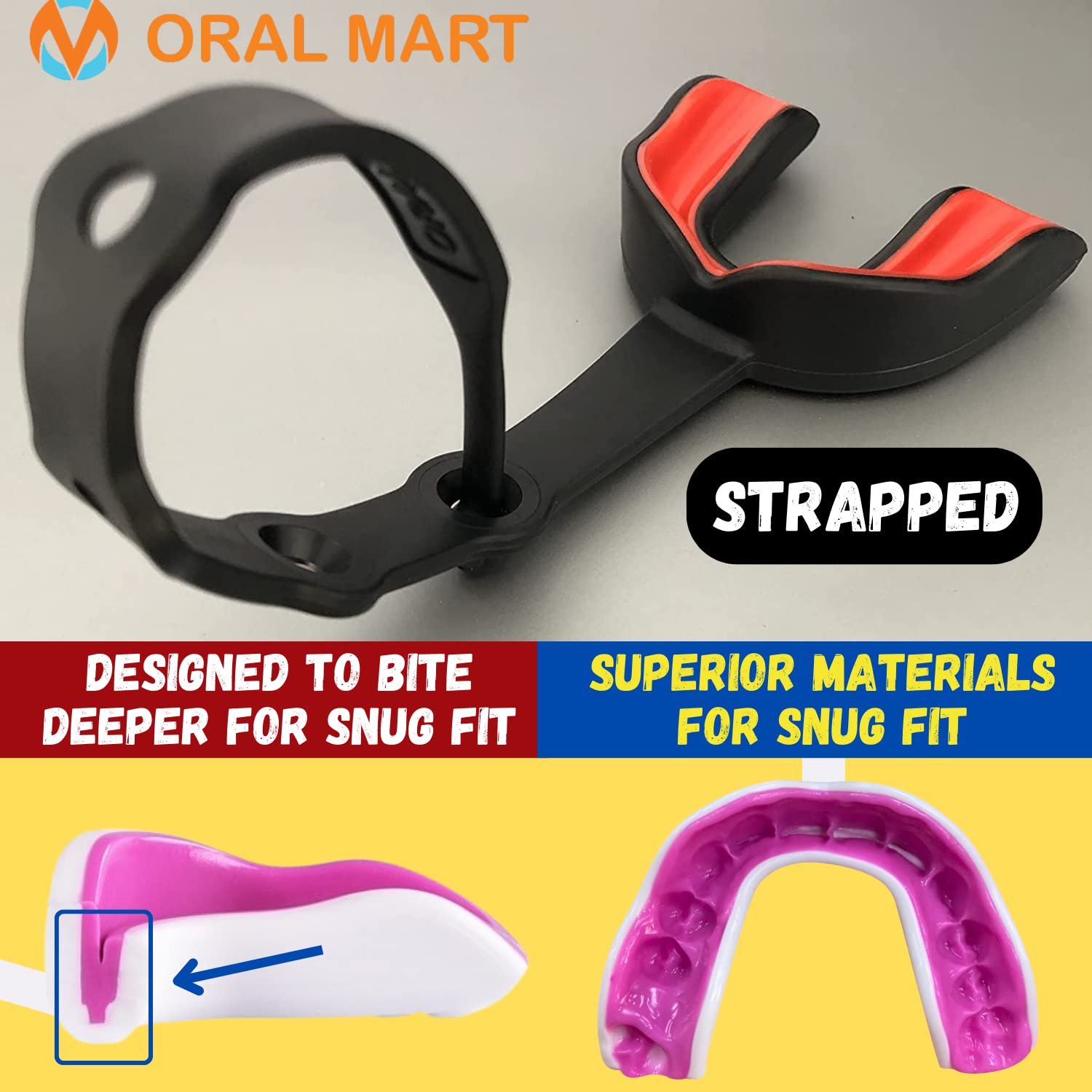 Oral Mart Black/Red Strapped Youth Mouth Guard For Kids - Sports Mouthguard With Strap For Football, Ice Hockey, Lacrosse, Taekw