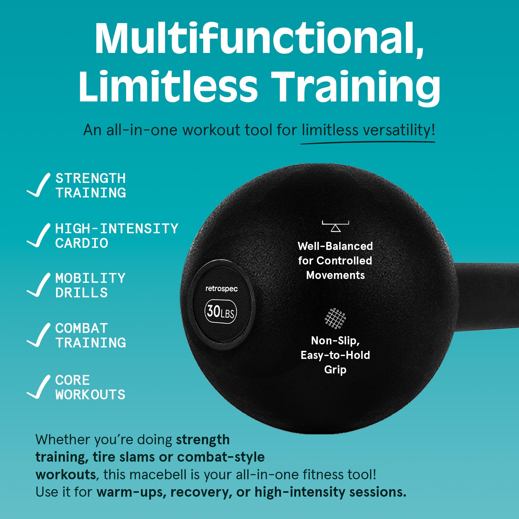 Retrospec Steel Mace Training Equipment - Weighted Fitness Macebell for Strength, Rehabilitation & Rotational Workouts - Durable
