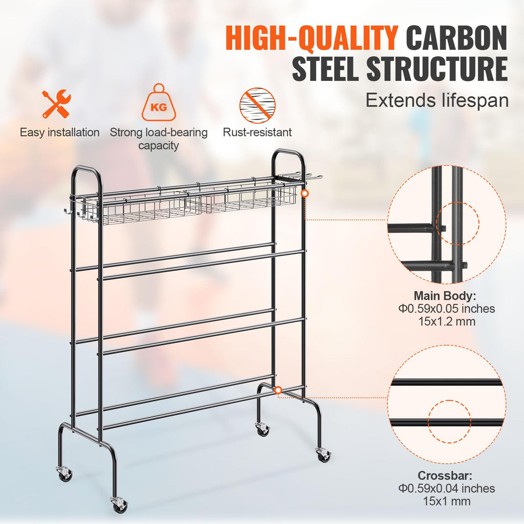 Vevor Basketball Rack, 4-Layers Rolling Basketball Shooting Training Stand, Sports Equipment Storage Organizer With Wheels, Hook