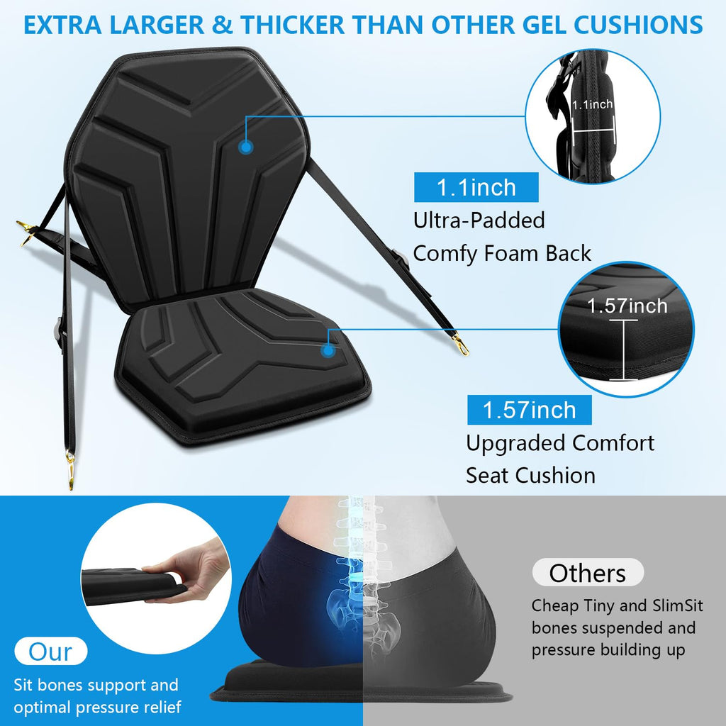 Hlogree 6-Point Attachment - Thick Padded Kayak Seat Cushion With Back Support,Extra Cushioned Kayak Replacement Seat Universal