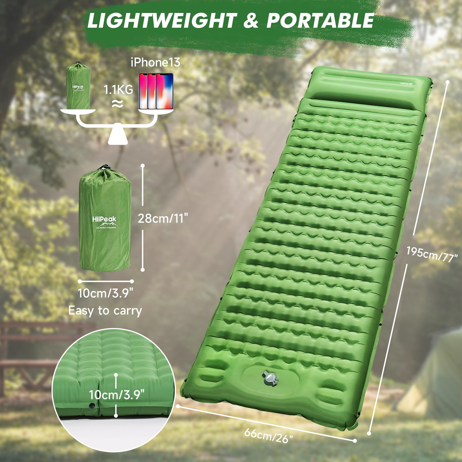 Hiipeak Strong Support Camping Mat, Inflatable Sleeping Mattress 39 Inch Thickness Sleeping Pad With Pillow, Quickainflation Ult