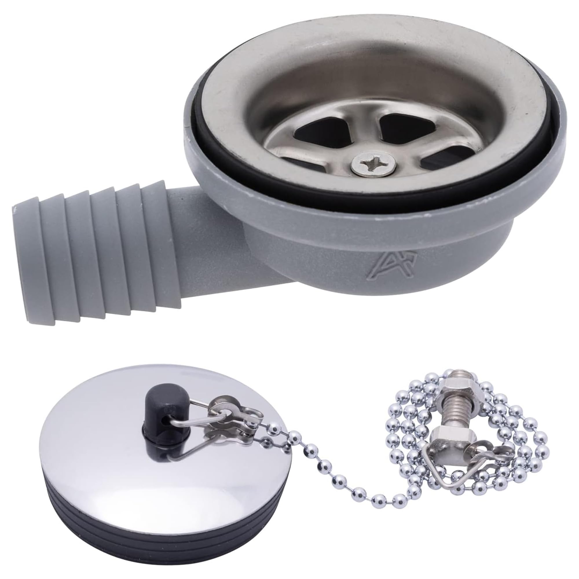 Ambassador Marine - 2 inch Drain, 95 Degree Drain, Low Profile, 1 inch Hose Barb, w/Chain Stopper - Brushed Finish - S00-0101-BP