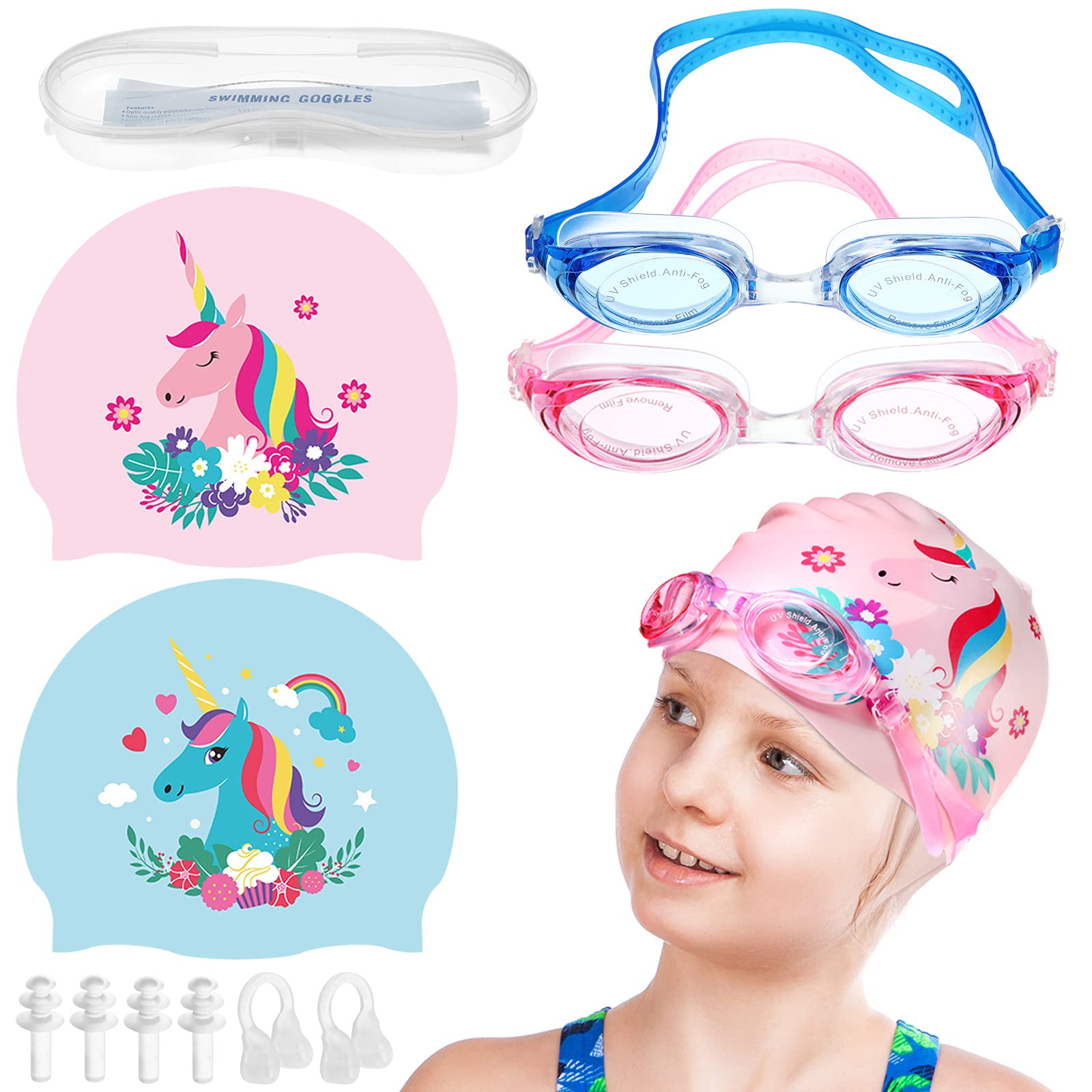 4 Pieces Swim Cap Kids Unicorn Silicone Waterproof Age 2-12 Cute Swim Caps With Goggles For Long And Short Hair Kids Children Bo