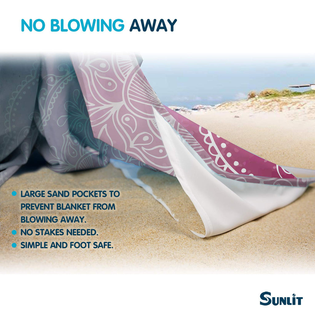 Sunlit Silky Soft 106X81 Boho Sand Proof Beach Blanket Sand Proof Mat With Corner Pockets And Mesh Bag For Beach Party, Travel,