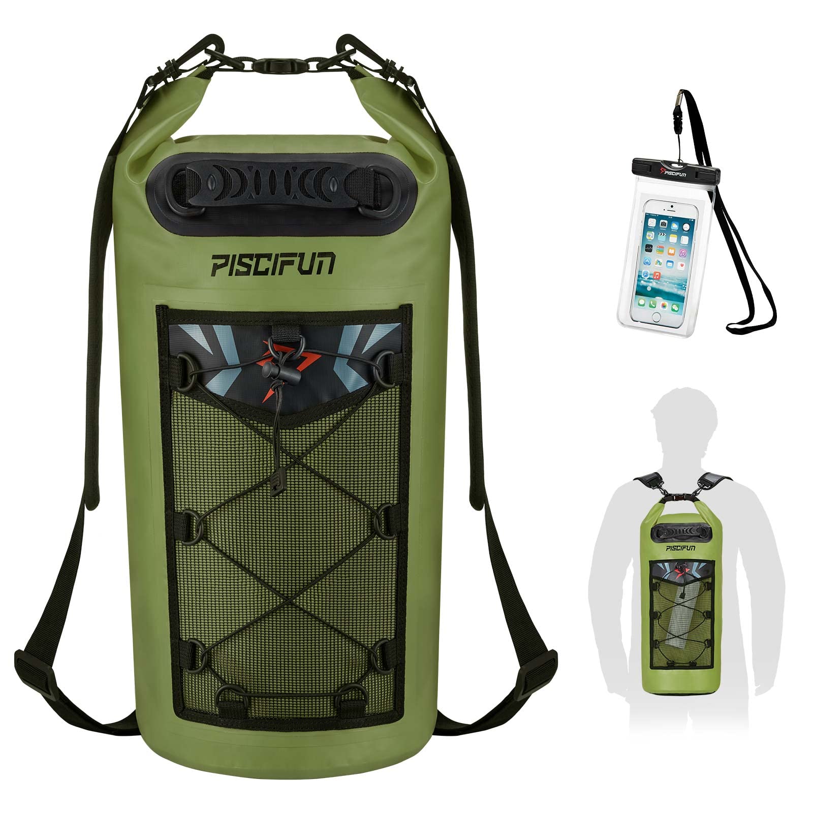 Piscifun Dry Bag, Waterproof Floating Backpack 30L with Waterproof Phone Case for Boating, Kayaking, Fishing, Army Green 30L