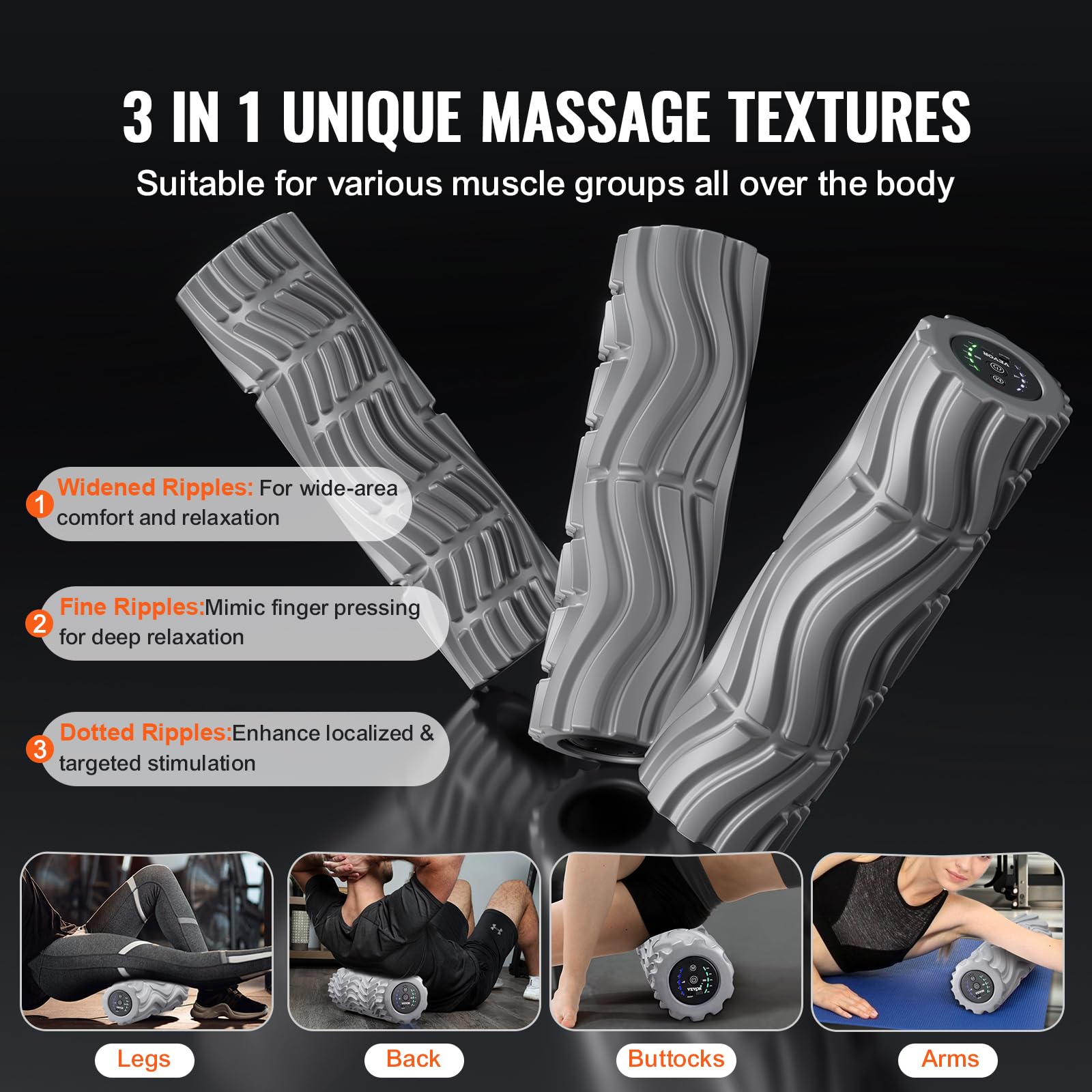 Vevor Vibrating Foam Roller, 5-Speed Electric Massage Roller, 16'' Rechargeable Muscle Roller With 3 Vibration Modes, High Densi