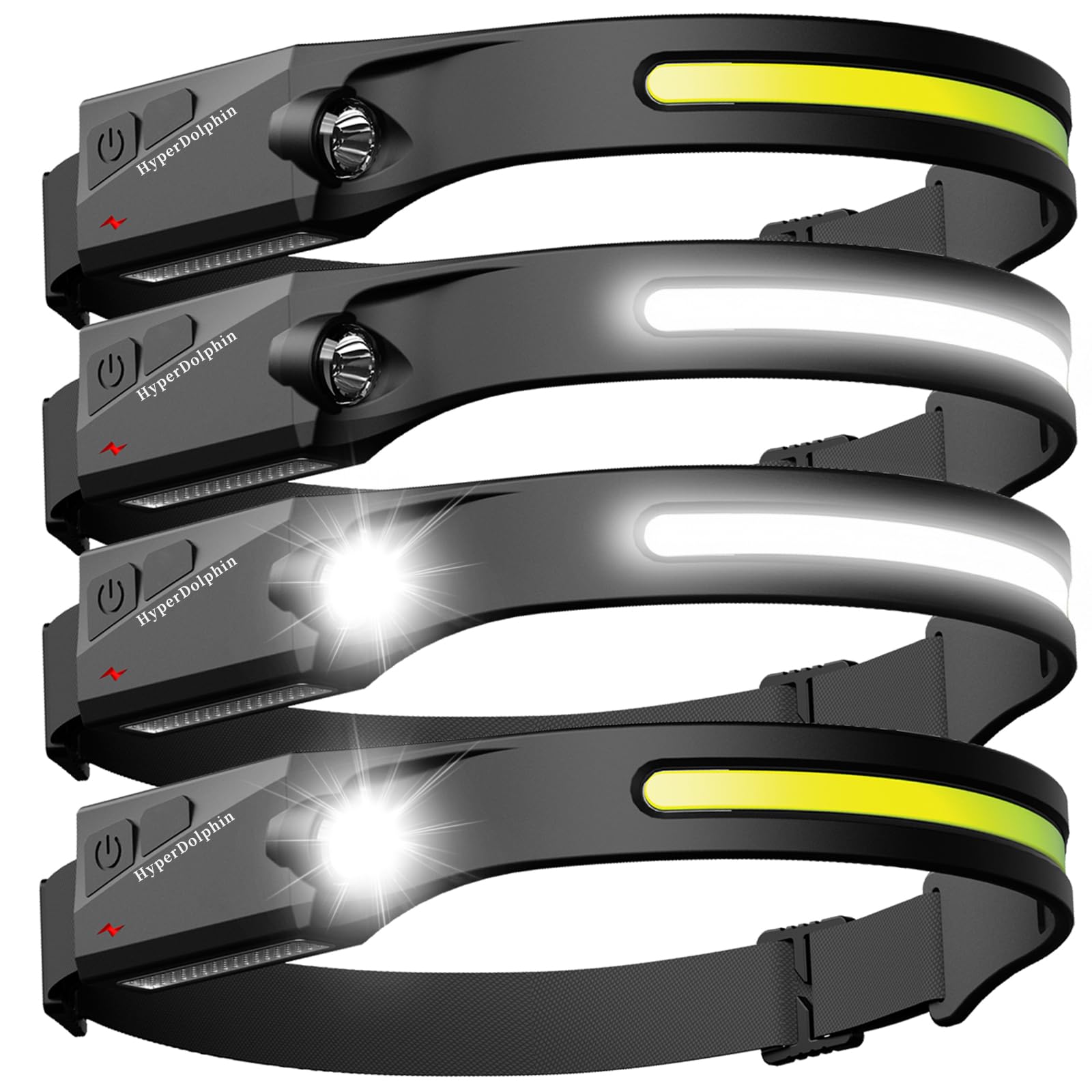 HyperDolphin Headlamp Rechargeable LED (4 Pack) 230 Wide Beam, USB-C Lightweight Head Lamp, Long Runtime, Water-Resistant for Ca
