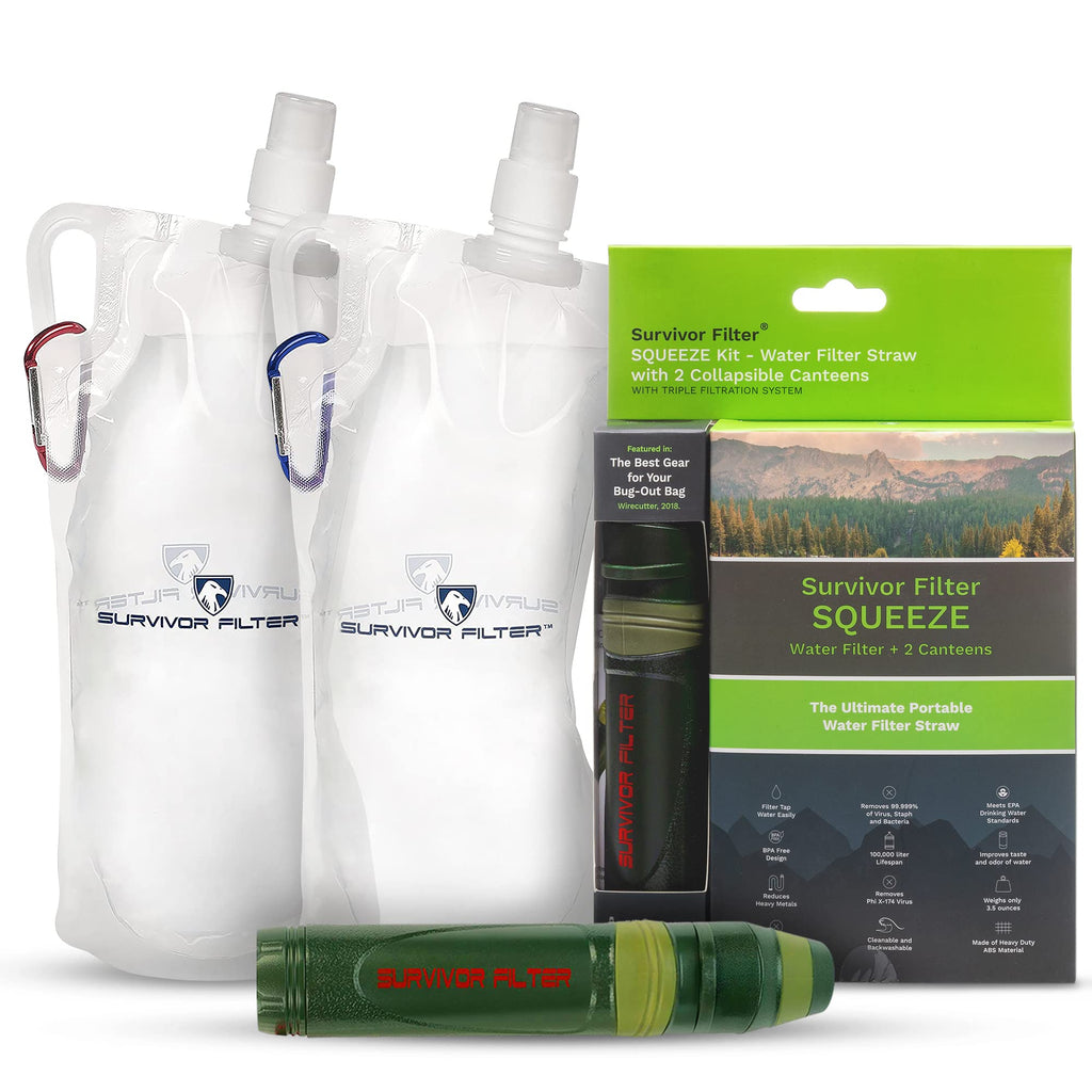 Survivor Filter Squeeze Kit - Water Purifier Survival Straw With Collapsible Water Bottle - Virus Tested Survival Straw With 3 S