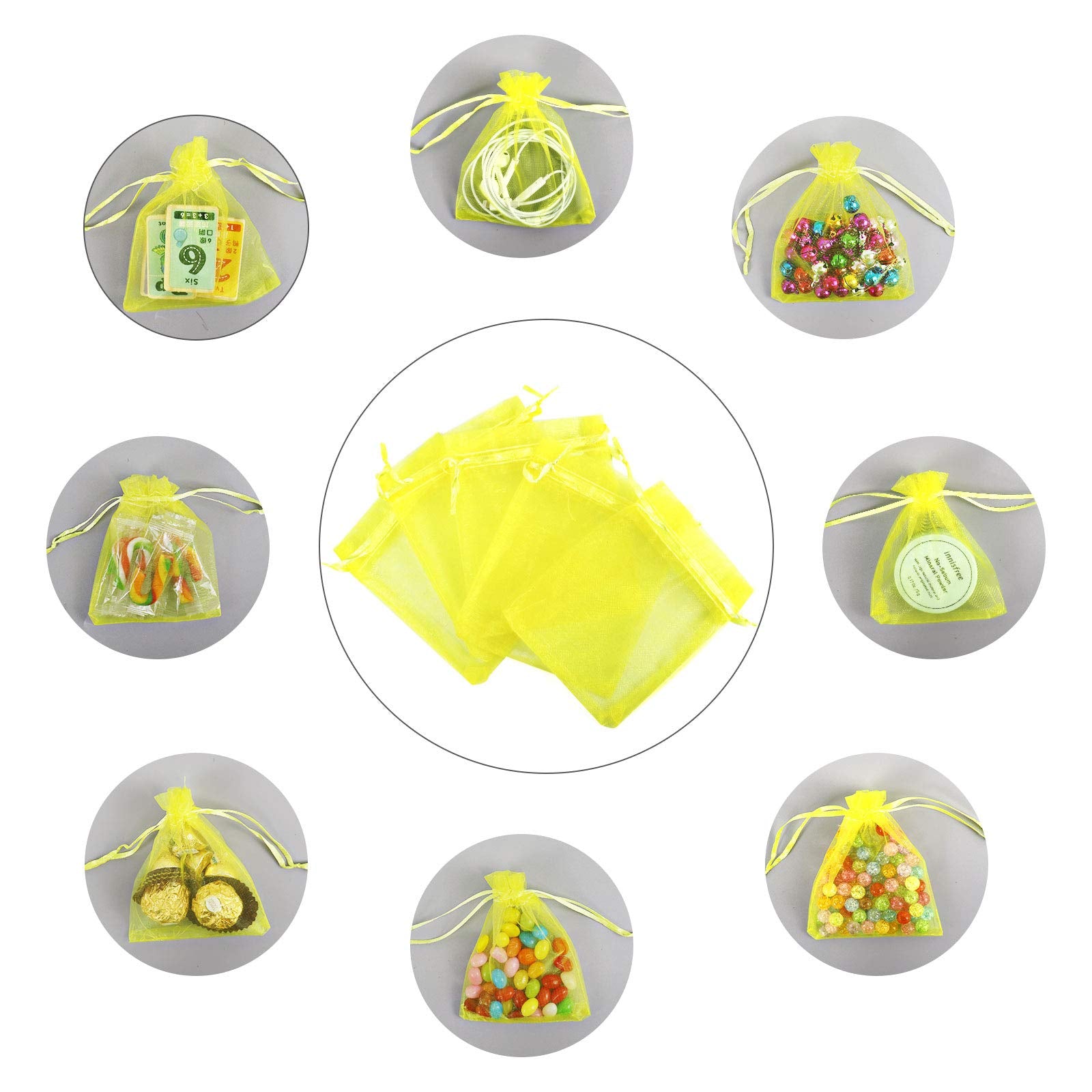 Lautechco 100Pcs Organza Bags 5X7 Inches Yellow Organza Gift Bags Small Mesh Bags Drawstring Gift Bags Christmas Drawstring Orga