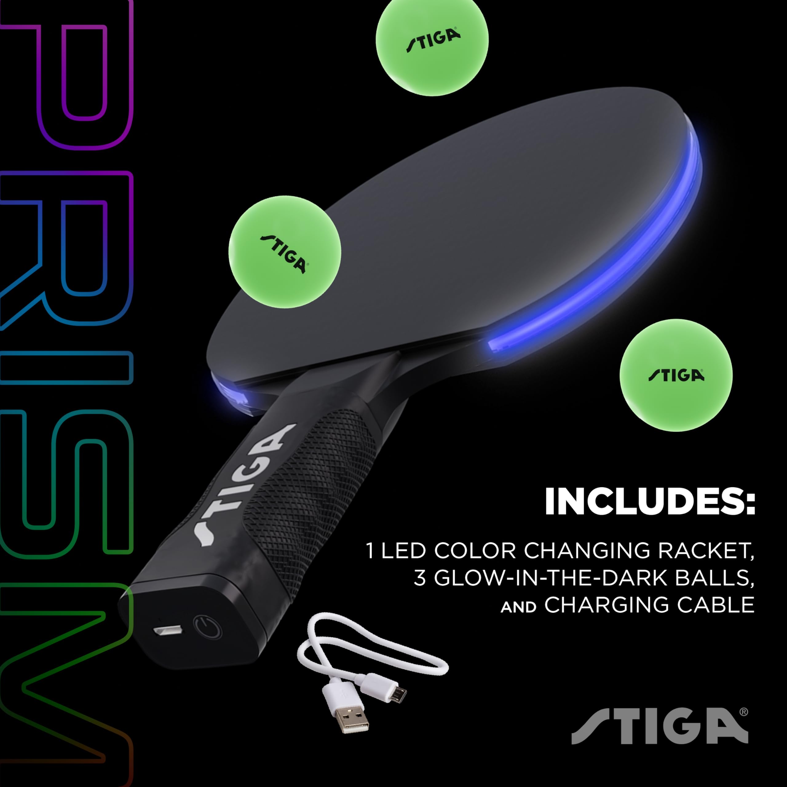 Stiga Prism Led Ping Pong Paddle - 5 Led Color Cycles - Color Gradient Mode - Includes 3 Glow-In-The-Dark Balls - 1.5Mm Sponge W