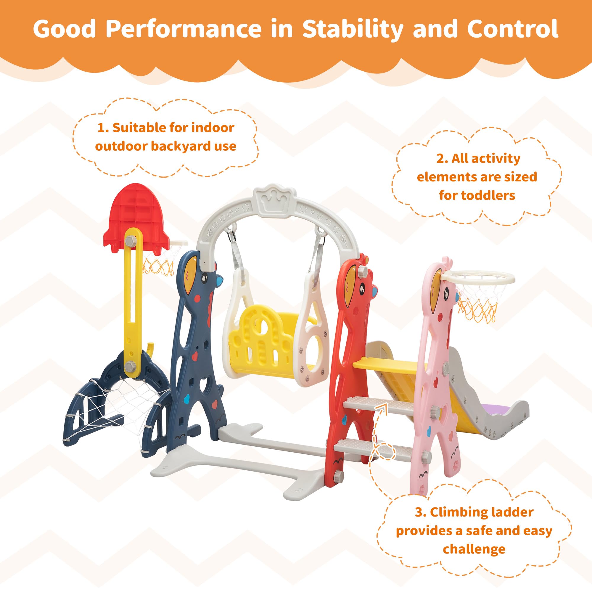 Neekoy 6-In-1 Toddler Slide And Swing Set For Kids, Toddler Swing With Basketball Hoop, Suitable For Outdoor Indoor Playground F