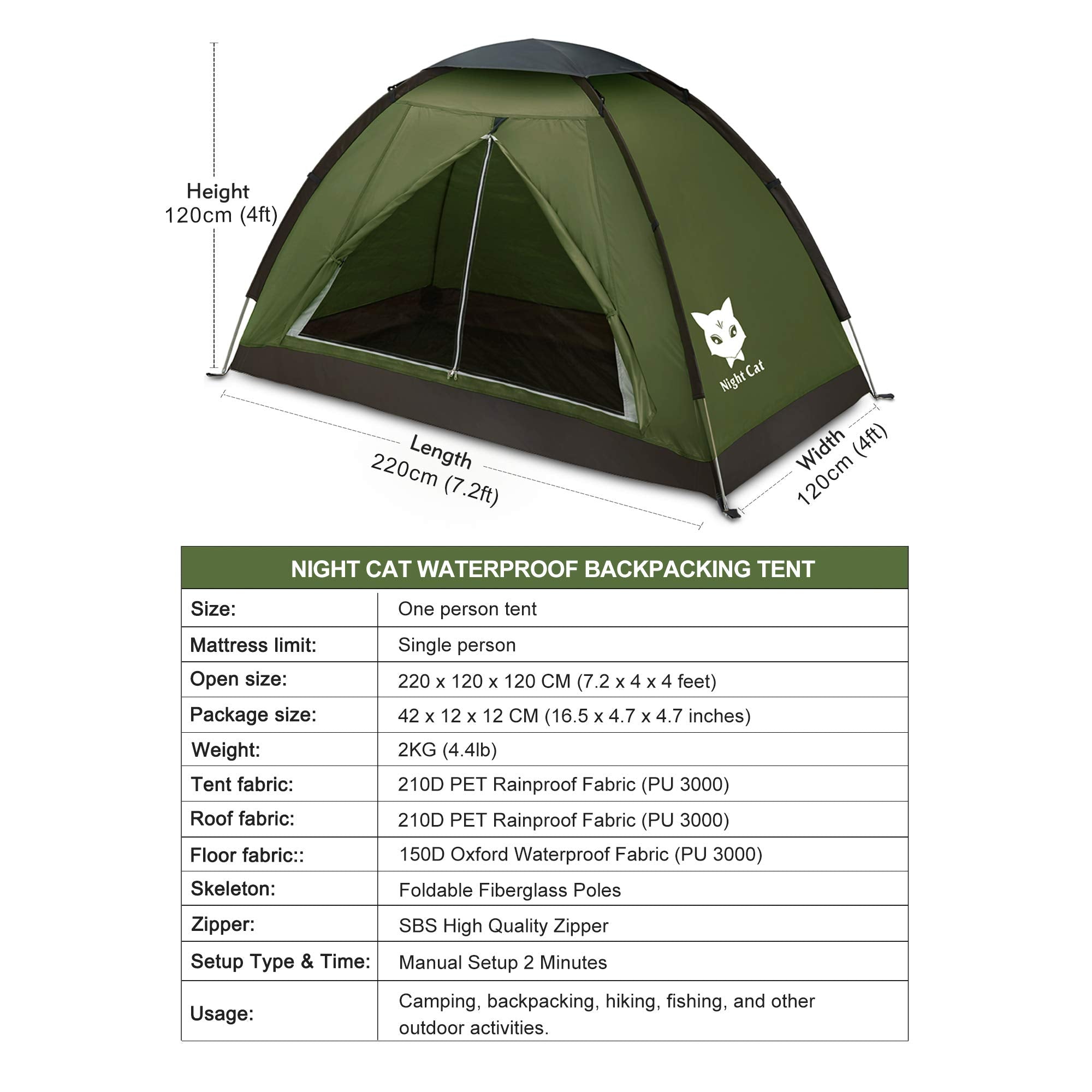 Night Cat Backpacking Tent For One 1 To 2 Persons Lightweight Waterproof Camping Hiking Tent For Adults Kids Scouts Easy Setup S