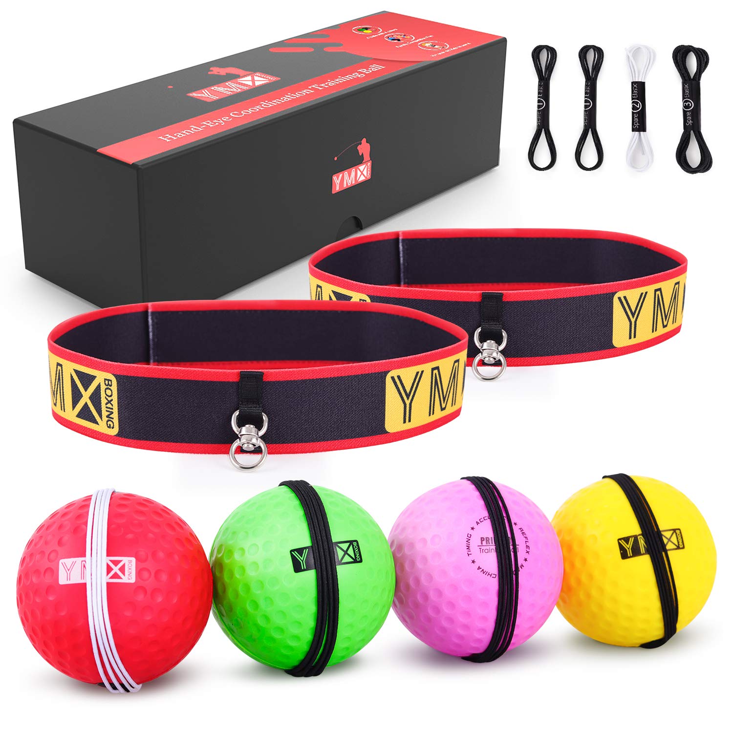 Ymx Boxing Ultimate Reflex Ball Set - 4 React Reflex Ball Plus 2 Adjustable Headband, Great For Reflex, Timing, Focus And Hand E