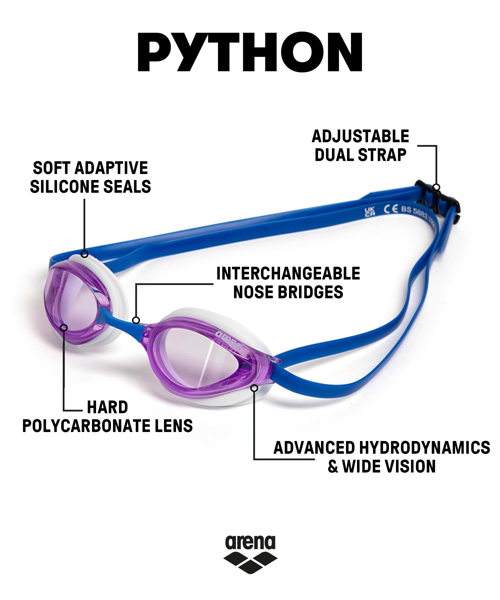 Arena Unisex Python Racing Swim Goggles For Men And Women Anti-Fog Non-Mirror Lens Max Comfort Dual Strap, Violet/White/Blue