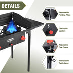 Bestfire 2 Burner Camping Stove With Windpanel& Side Shelves, Bag, Auto Ignition Button,Regulator,150,000 Btu Camping Stove Prop