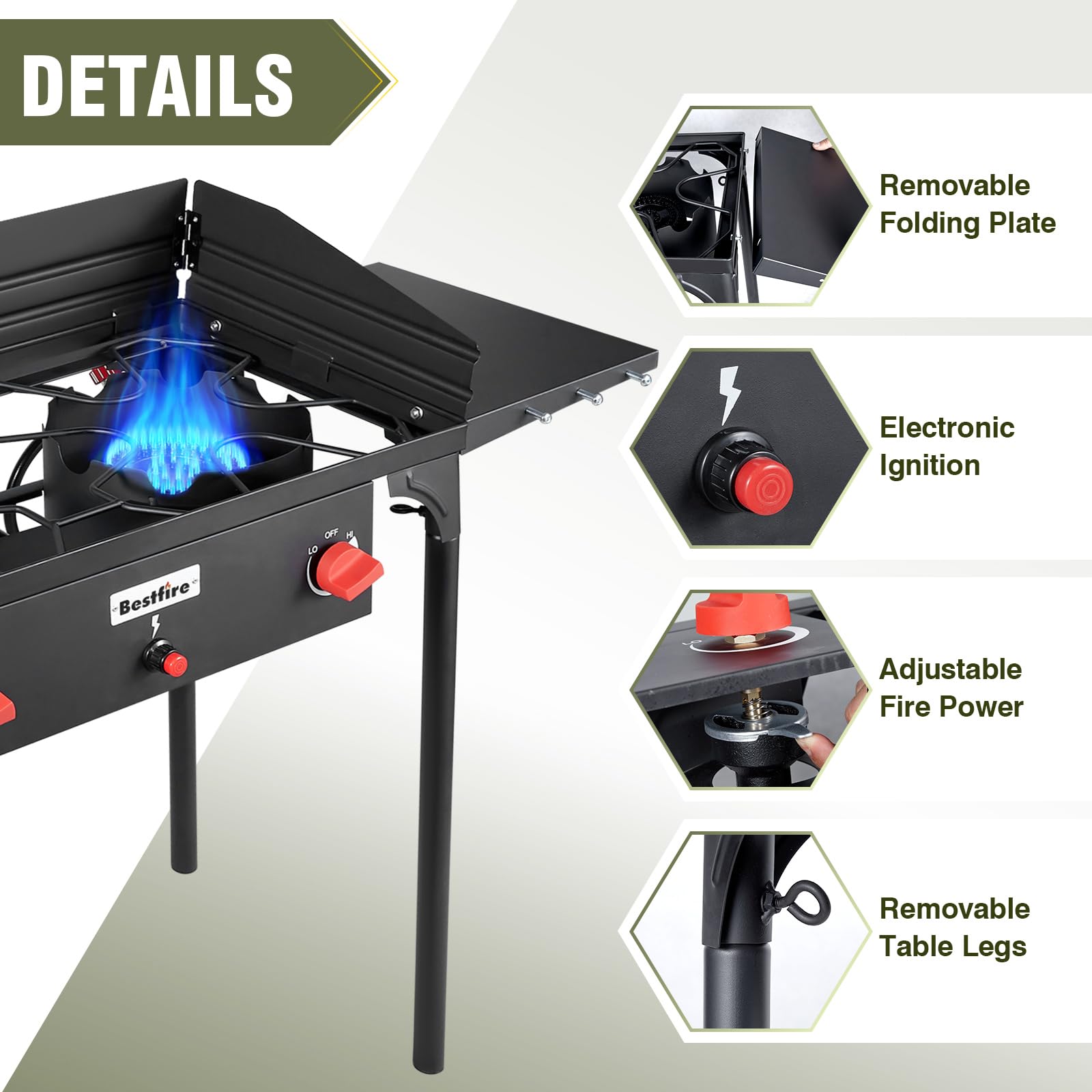 Bestfire 2 Burner Camping Stove With Windpanel& Side Shelves, Bag, Auto Ignition Button,Regulator,150,000 Btu Camping Stove Prop
