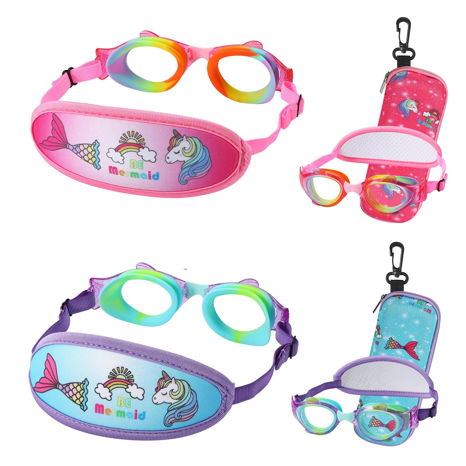 RUIGAO Kids Swim Goggles Age 2-6, Toddler Goggles No Hair Pull,UV Protection/Anti Fog/Padded HeadBand (2PK Fish - Rainbow & Blue