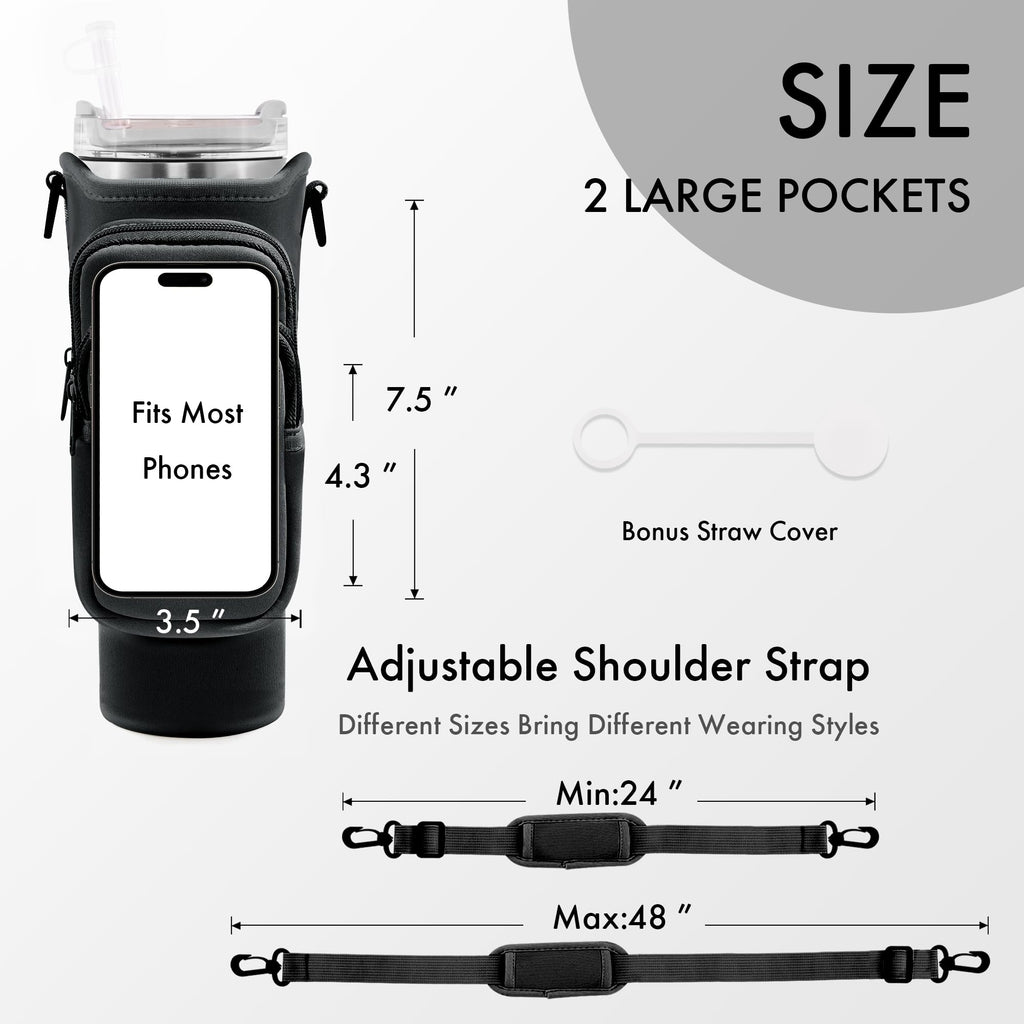 Jebealuo Water Bottle Carrier Bag With Phone Pocket For Stanley Cup 40/30 Oz, Water Bottle Holder With Adjustable Strap& Straw C