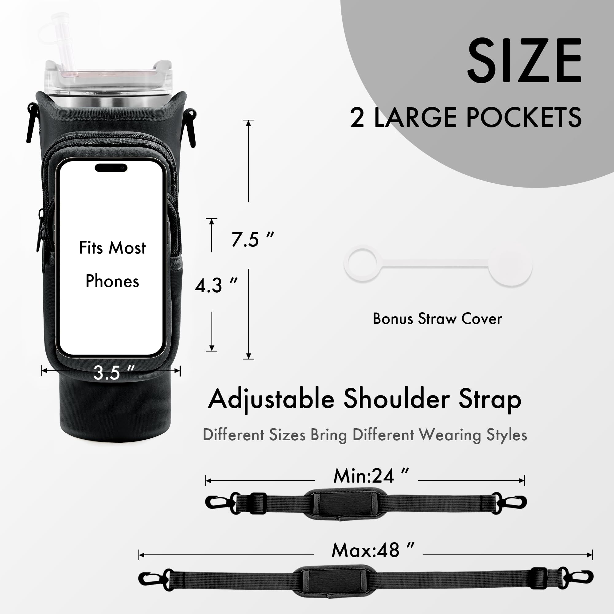 Jebealuo Water Bottle Carrier Bag With Phone Pocket For Stanley Cup 40/30 Oz, Water Bottle Holder With Adjustable Strap& Straw C