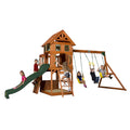 Backyard Discovery Atlantis Cedar Wood Swing Set with Wave Slide, Raised Clubhouse, Rock Wall, Belt Swings, Trapeze, Balcony, Lo