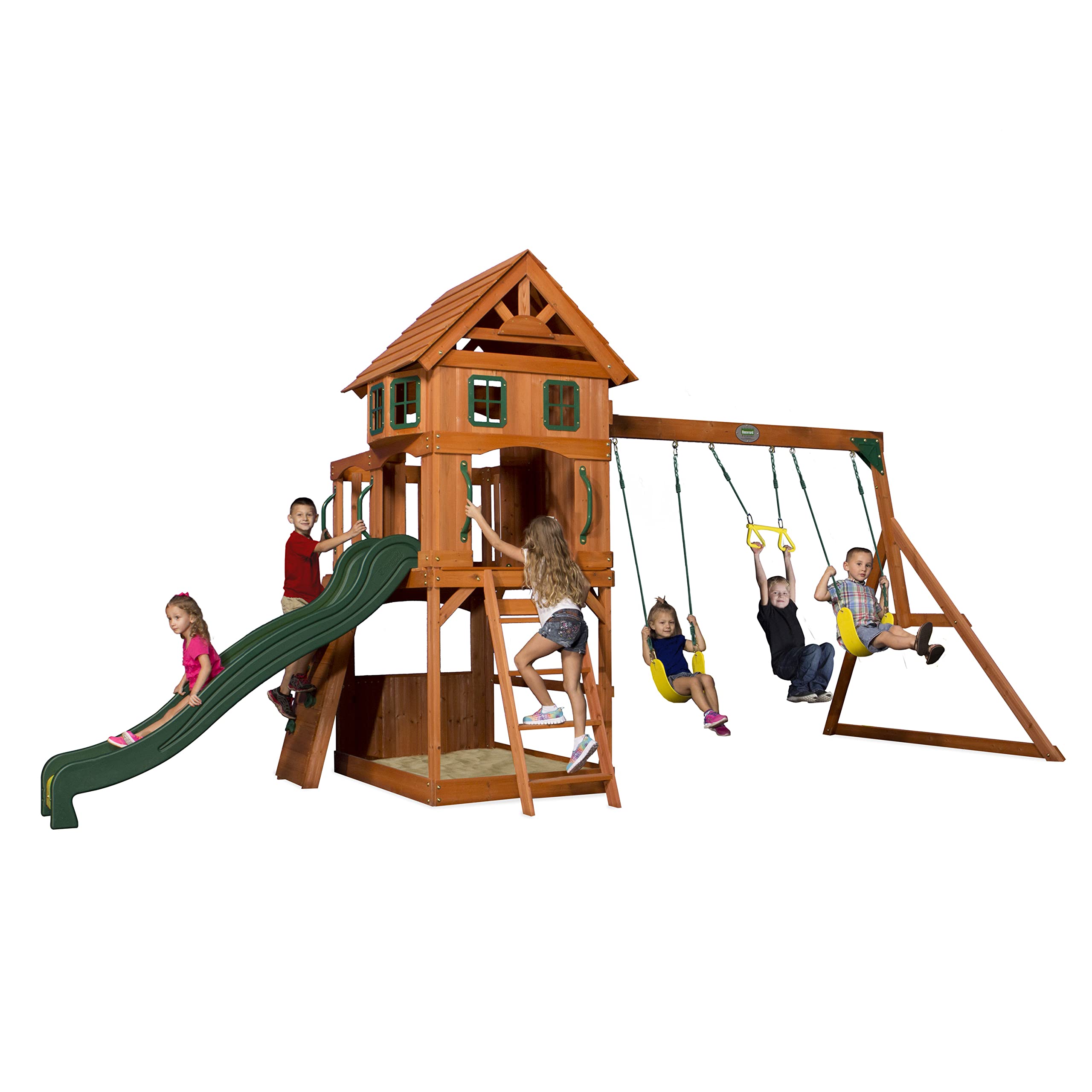 Backyard Discovery Atlantis Cedar Wood Swing Set with Wave Slide, Raised Clubhouse, Rock Wall, Belt Swings, Trapeze, Balcony, Lo