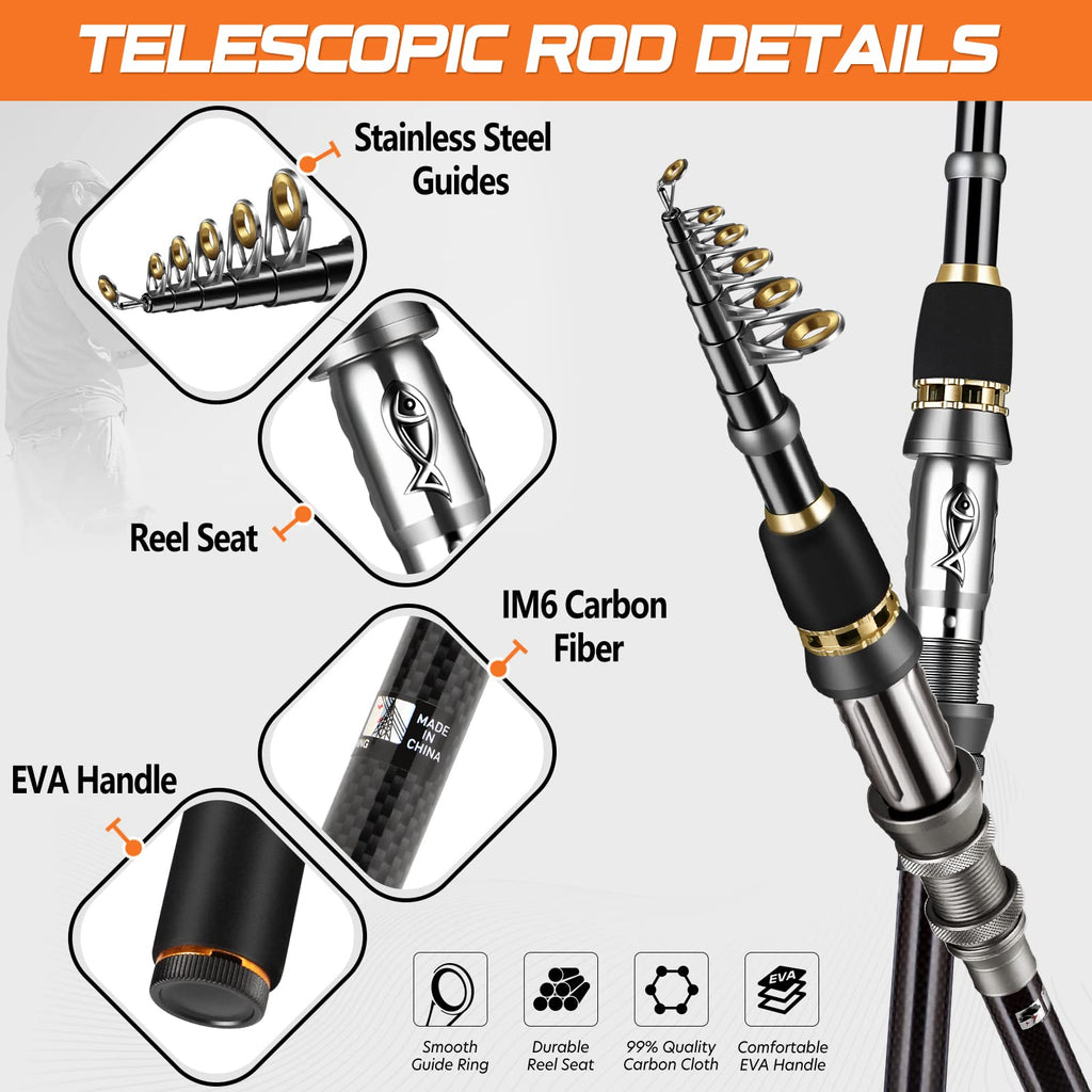 Plusinno Fishing Rod, Telescopic Fishing Rod And Reel Combo, Collapsible Travel Fishing Pole Rod Starter Kit, Carbon Fiber Fishi
