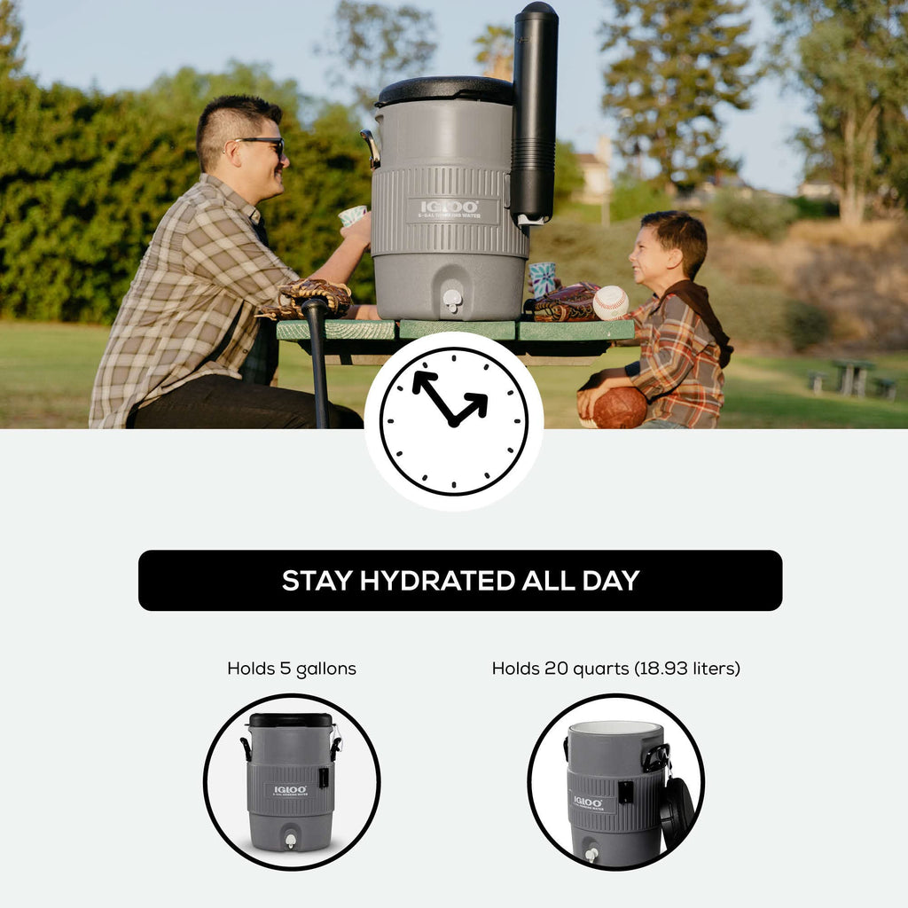 Igloo 5 Gallon Portable Sports Cooler Water Beverage Dispenser With Flat Seat Lid, Insulated Beverage Dispenser, Grey/Black